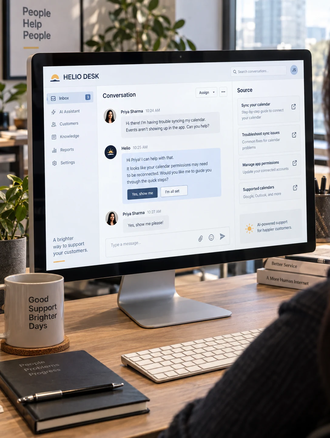 Close three-quarter desktop screen showing a beautifully designed fictional customer-service SaaS named HELIO DESK with one actual conversation and a concise source panel