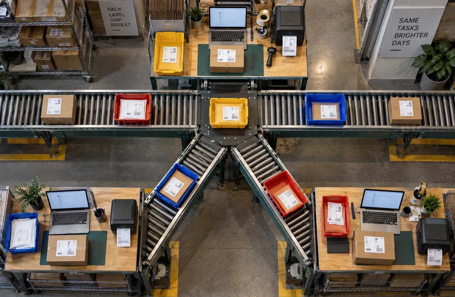 A precise overhead view of sorted orders moving between three real warehouse packing stations, colored trays, paper labels and conveyor junction
