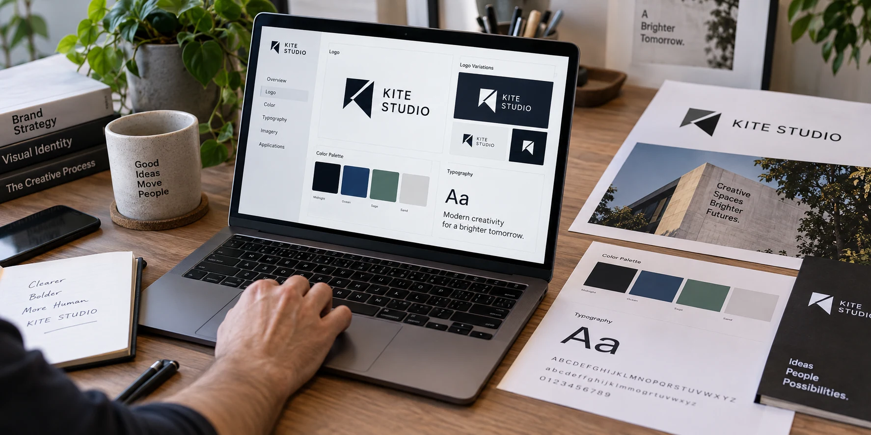 Logo and brand guideline application on an open laptop next to printed color and typography sheets, with only a designers forearm at the keyboard