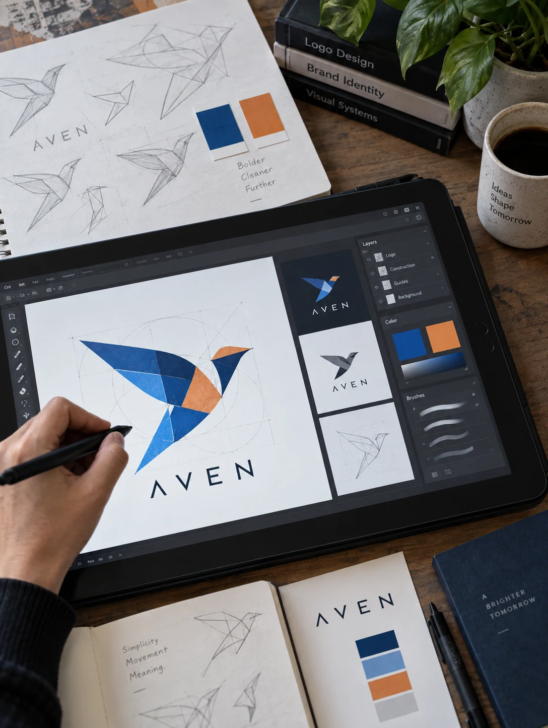 A close overhead view of a pen-display tablet on a designers worktable