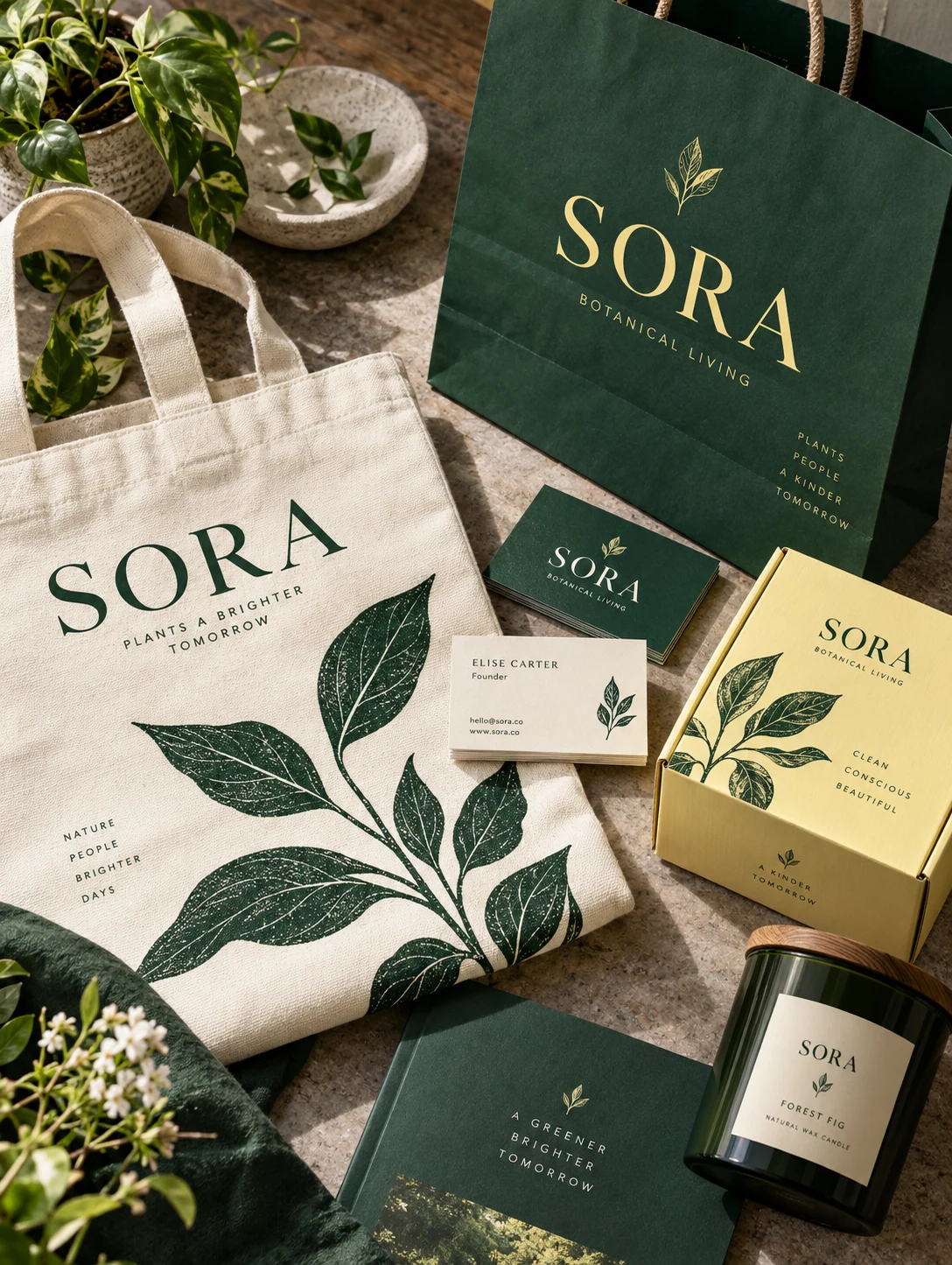 An art-directed identity suite for fictional botanical brand SORA applied to a tote, paper shopping bag, business cards and packaging