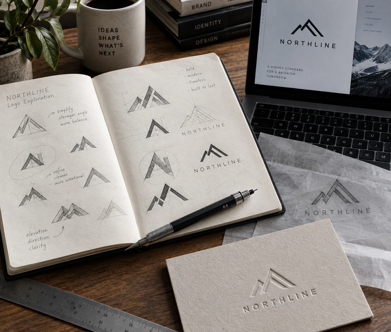Macro photographic view of pencil logo iterations in an open sketchbook beside drafting pencil, tracing paper and a final embossed mark for fictional brand NORTHLINE