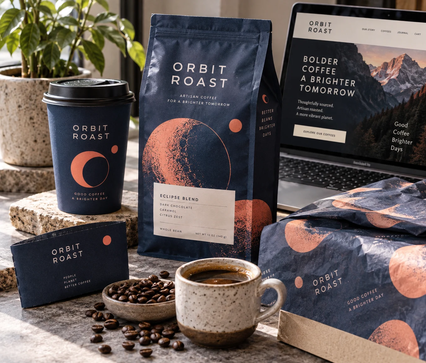 A complete packaging identity for fictional artisan coffee brand ORBIT ROAST: coffee pouch, takeaway cup, sleeve and tissue paper arranged with beans and one small ceramic cup