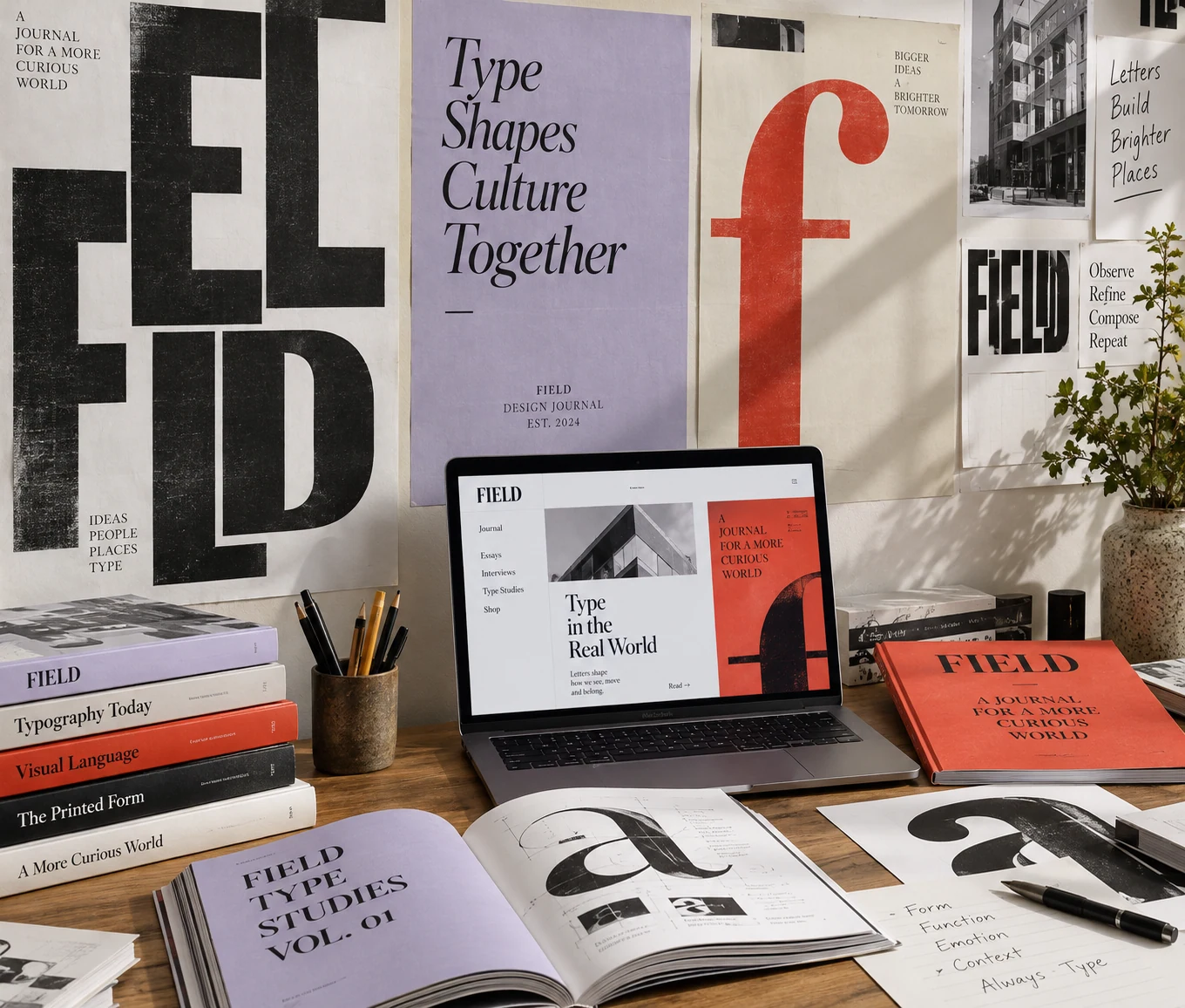 A wall and tabletop of expressive oversized typography studies and a coherent type specimen booklet for fictional design journal FIELD