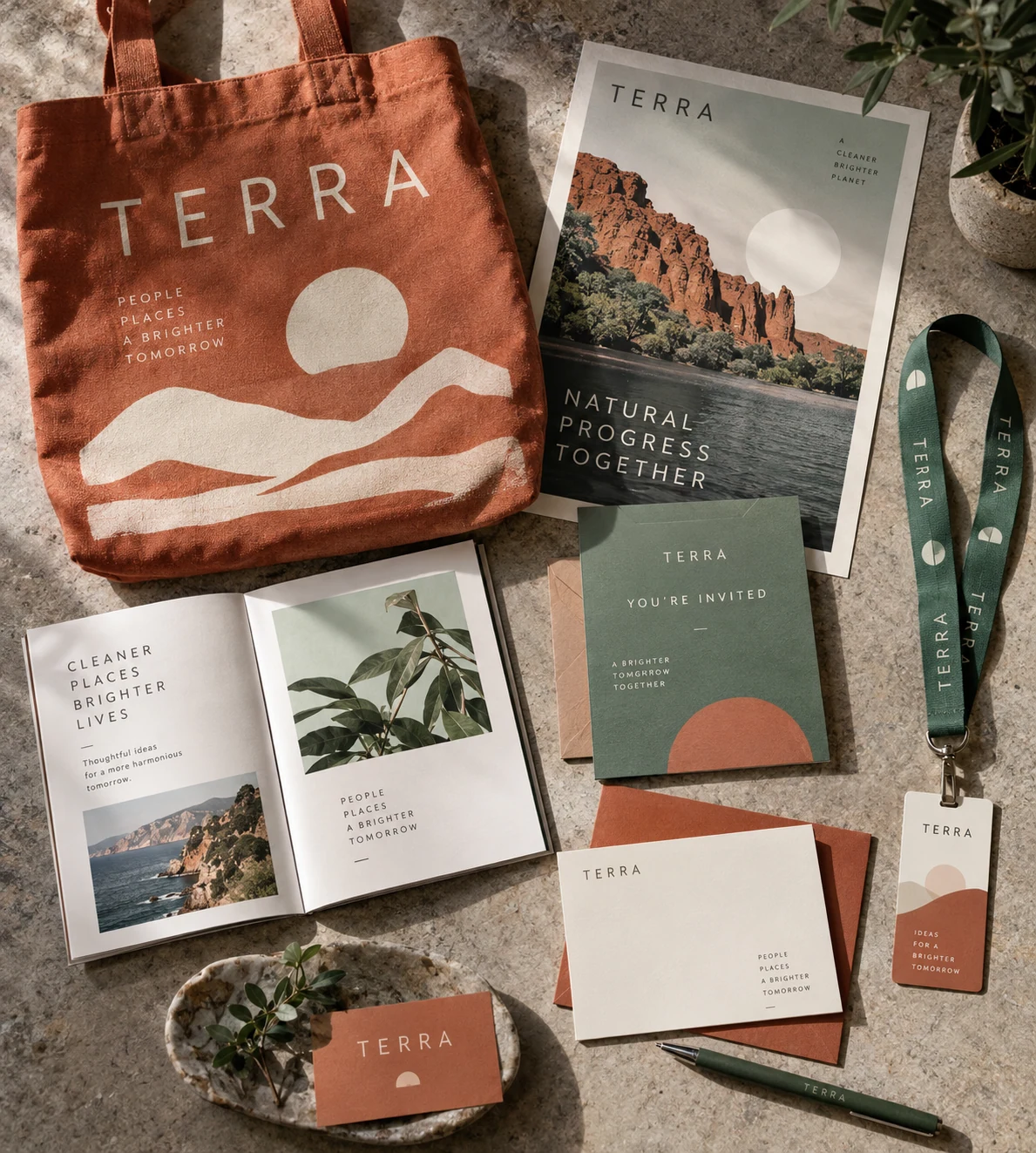 Promotional brand applications for fictional studio TERRA: screen-printed tote, invitation, poster, brochure, lanyard and stationery