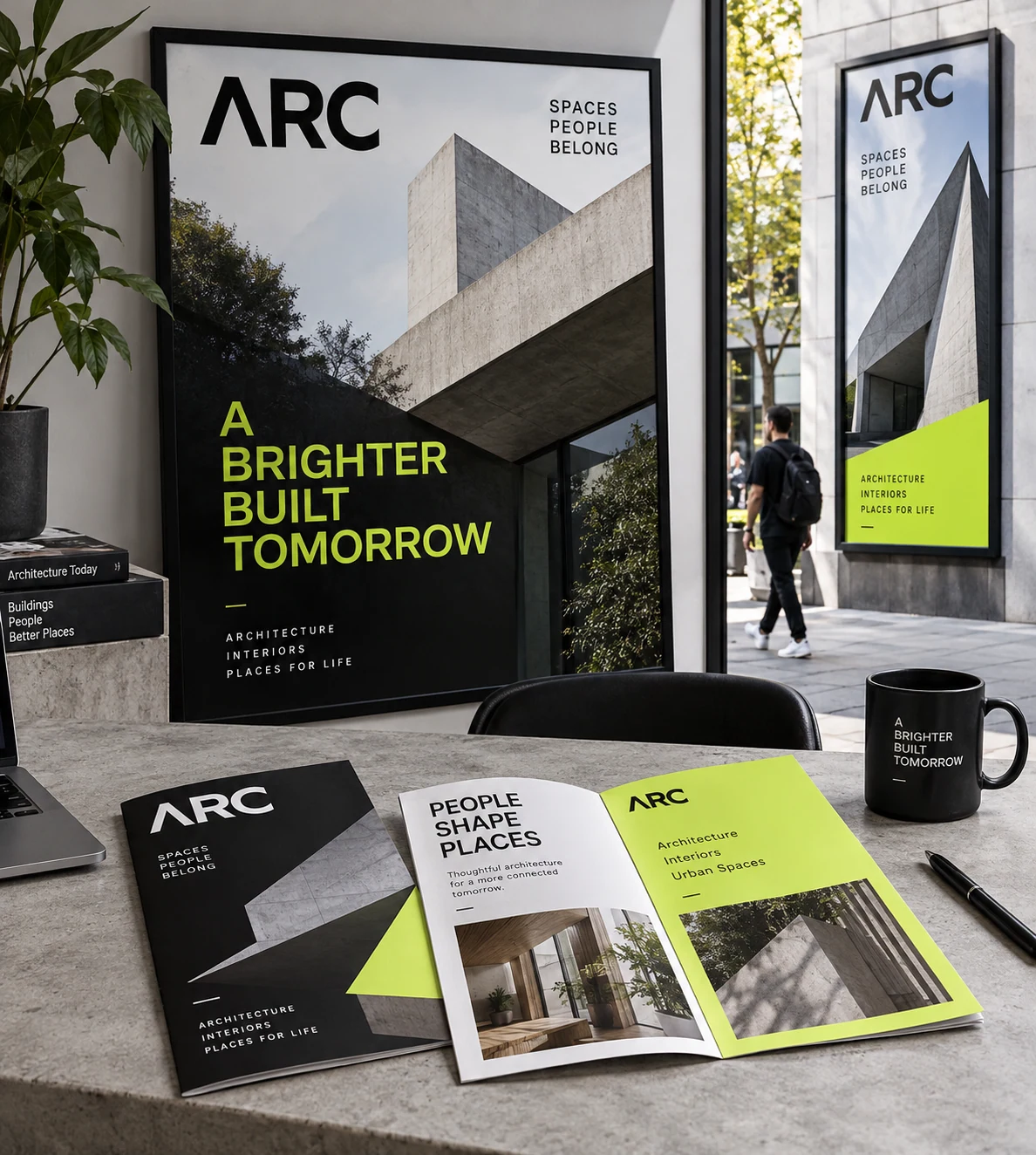 A finished print campaign with a large editorial poster, smaller folded brochure and outdoor poster mockup photographed in a real light studio setting