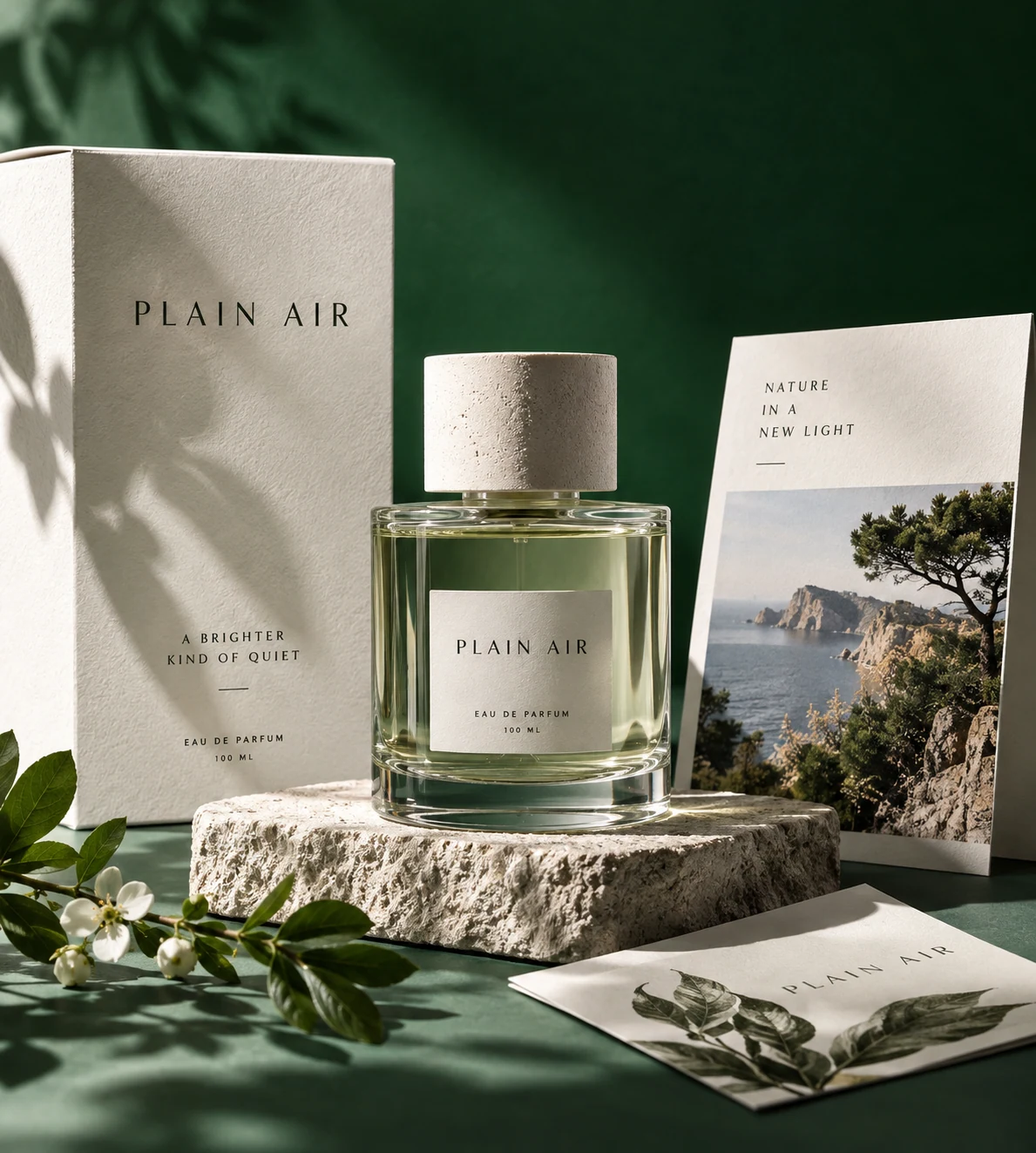 Art direction still life of a refined fictional fragrance product PLAIN AIR with translucent glass, crisp folded paper and a strong colored backdrop