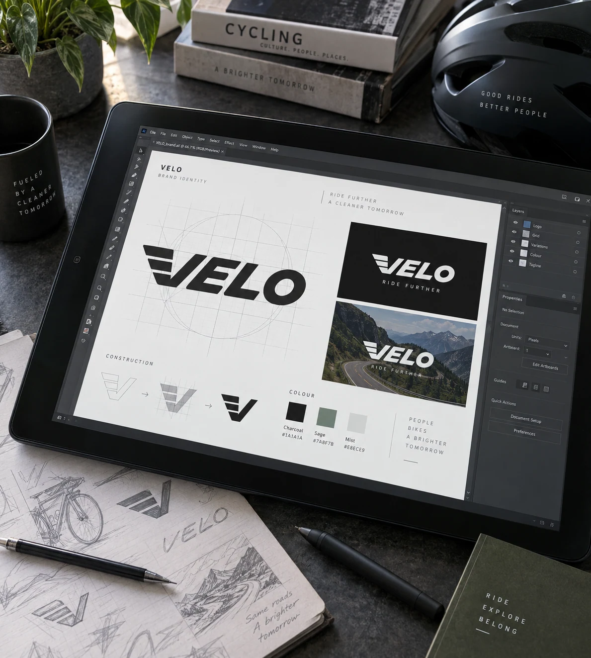 A pen-display tablet on a charcoal drafting desk showing a finished vector logo, construction grid and two purposeful logo variations for fictional cycling brand VELO