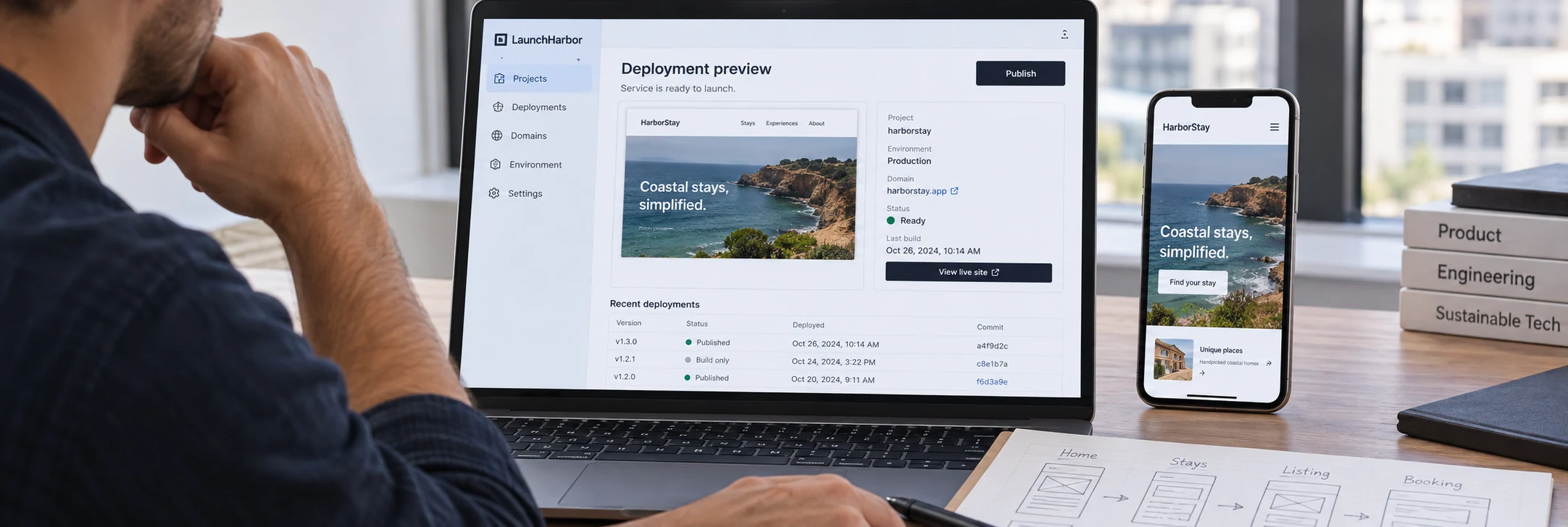 Wide close composition of a laptop showing fictional 'LaunchHarbor' application deployment preview, phone beside it displays the same published service site, developer's forearm and paper route sketch in foreground.