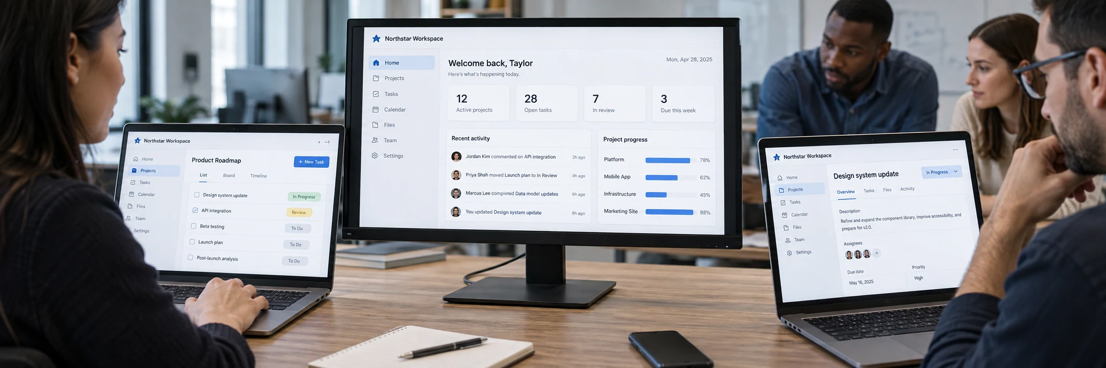 Wide photoreal software team workbench with desktop and two laptops showing fictional 'Northstar Workspace' connected app, engineers collaborating naturally at edges, screens central, real materials and restrained blue accents
