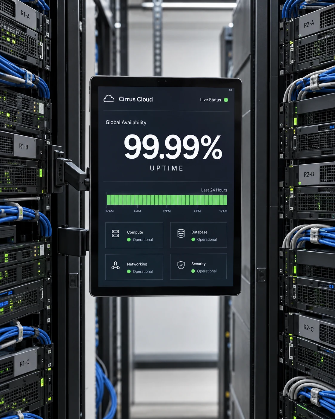 Tall close photograph of two redundant modern server racks and a portrait physical tablet on an articulated rack arm