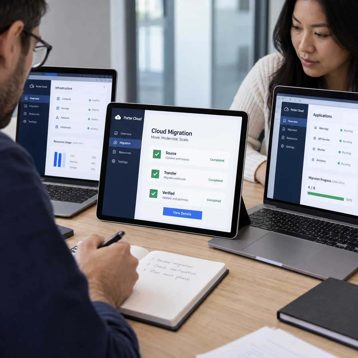 Engineer reviews cloud migration on tablet propped near two real laptops, fictional 'Porter Cloud' checklist 'Source', 'Transfer', 'Verified', same SaaS app visible on destination screen