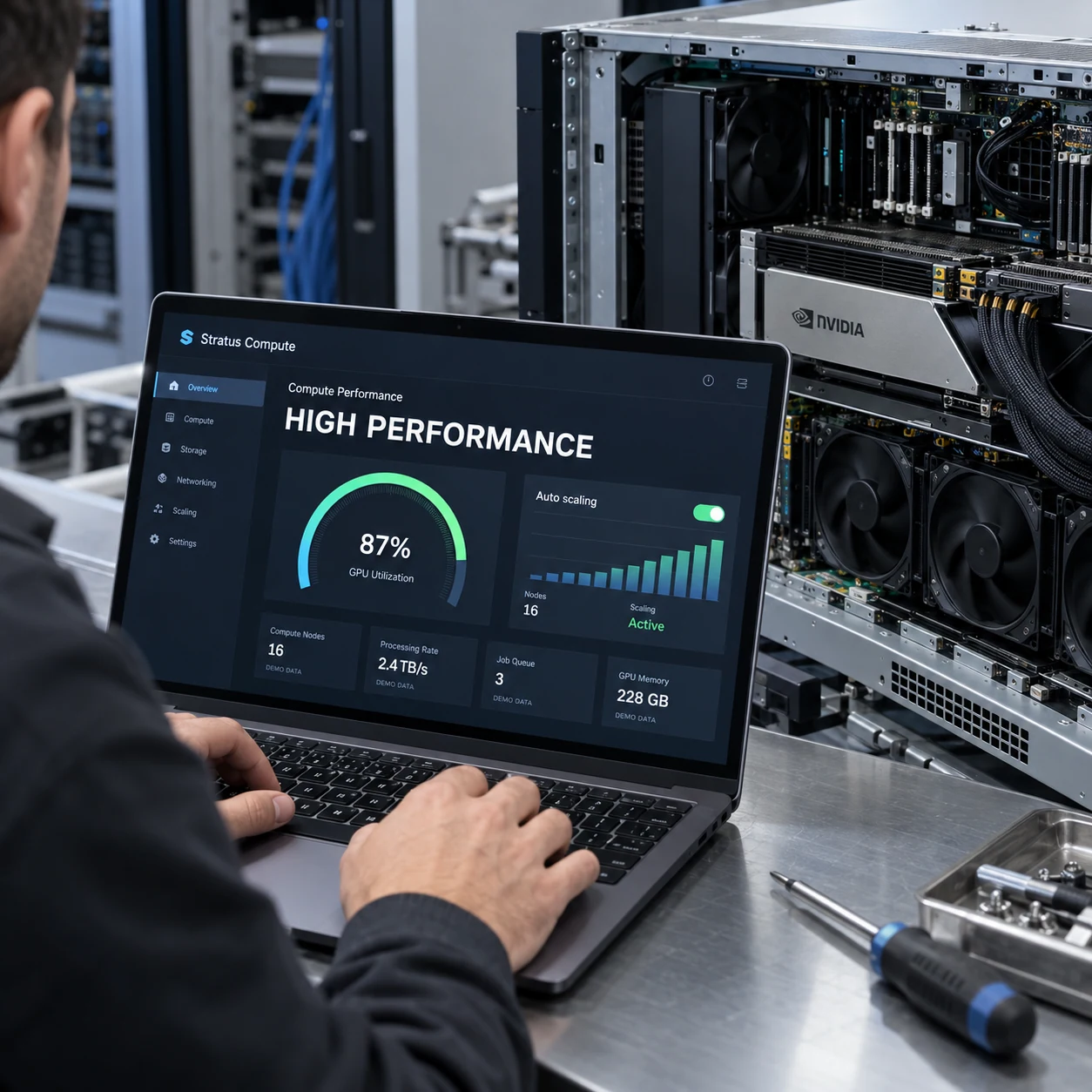 Powerful modern cloud compute server partly open on technician workbench, GPU and cooling hardware visible, adjacent angled laptop displays fictional Stratus Compute performance console with large exact 'HIGH PERFORMANCE', a clean fast response gauge, and 'Auto scaling'