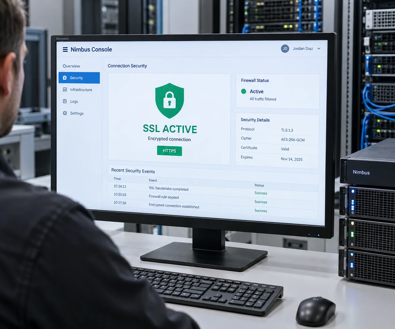 Prominent desktop security monitor beside physical cloud server hardware