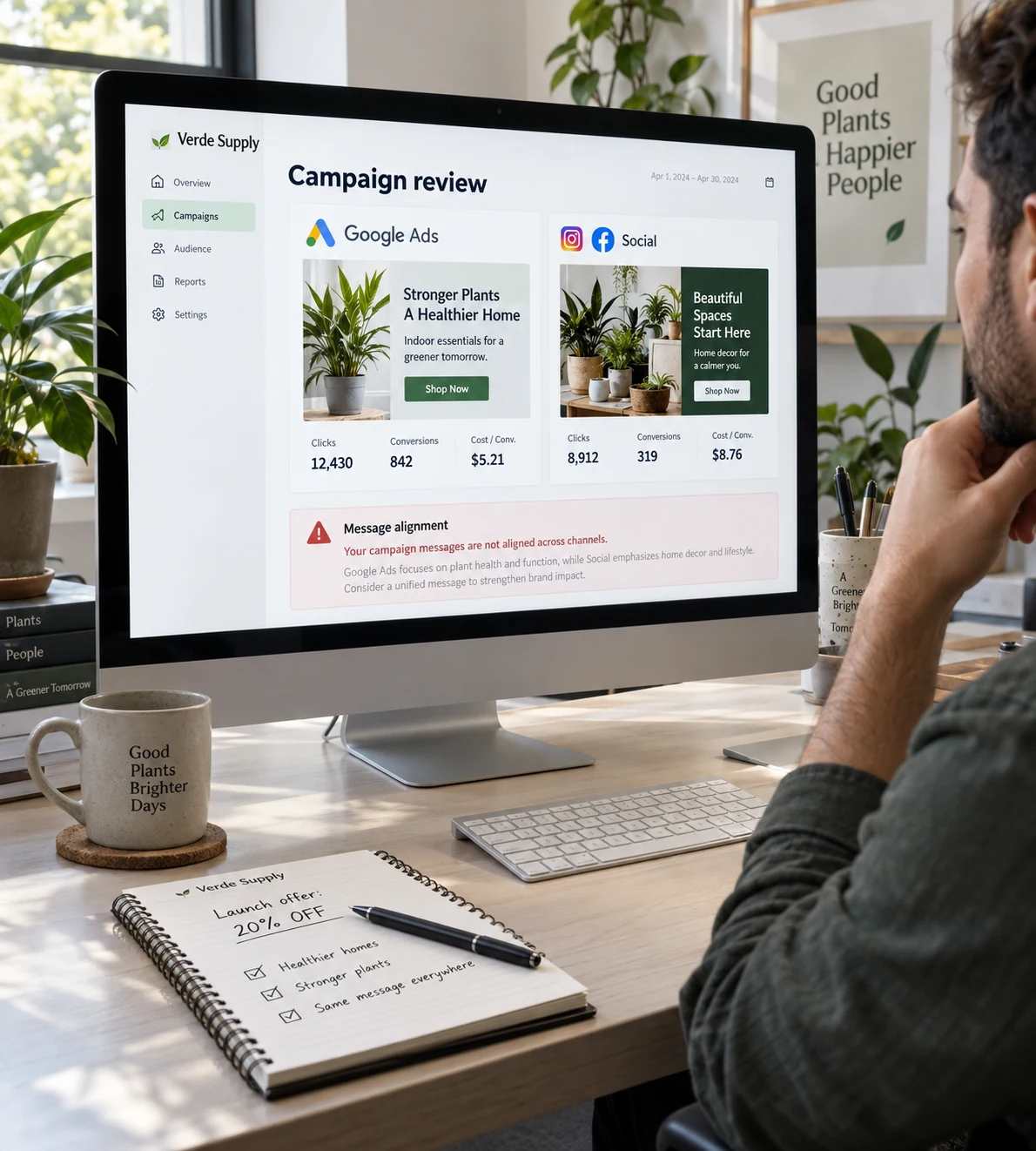 A campaign manager comparing a Google Ads campaign and a social campaign on a large desktop monitor at an authentic working desk, screen primary