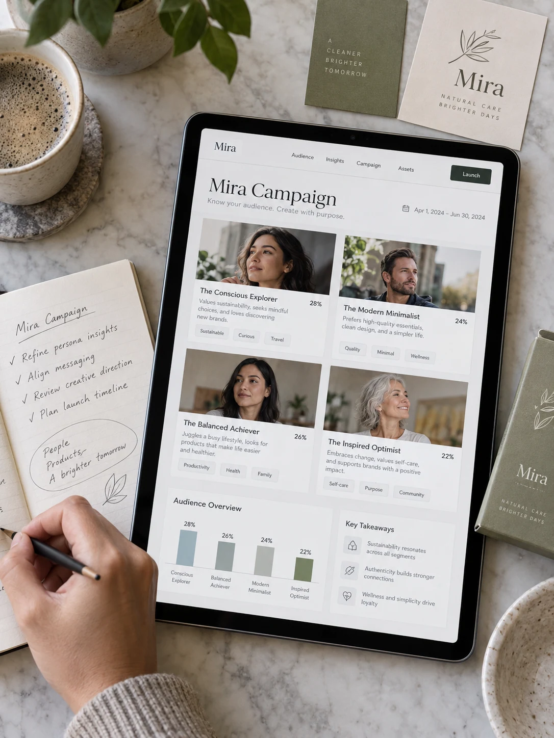 Overhead close photograph of a portrait tablet showing a customer audience research board titled 'Mira Campaign', beside pencil annotations and two swatches from product packaging; a left hand writes on paper rather than obstructing the display