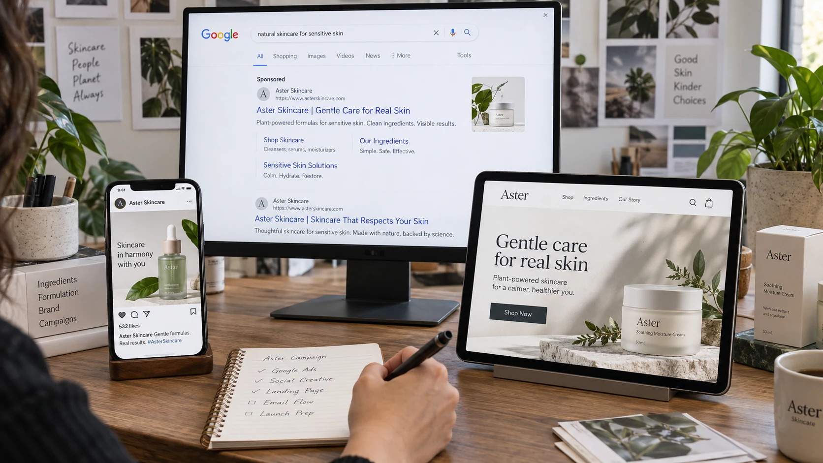 Desktop monitor, portrait phone and small tablet together on a creative studio workbench, all display a coherent fictional 'Aster Skincare' campaign across Google search ad, social post and landing page