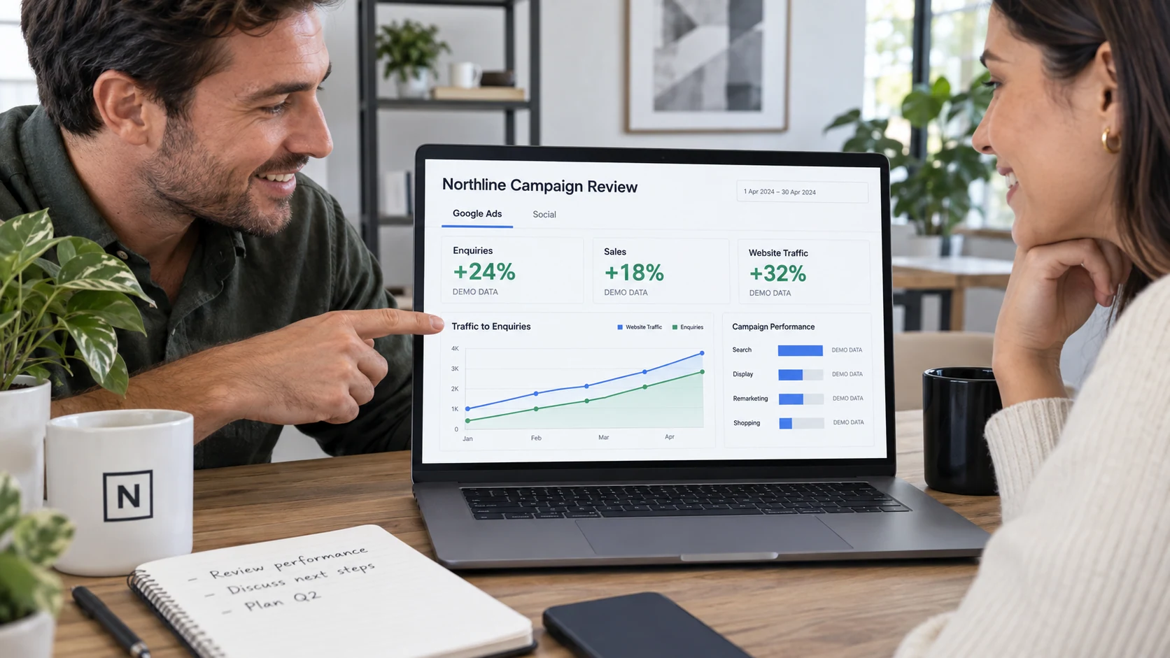 A client and strategist seated beside a large laptop reviewing meaningful campaign analytics, joyful but credible expressions at edges; screen shows 'Northline Campaign Review', tabs 'Google Ads' and 'Social', and legible 'DEMO DATA', 'Enquiries +24%', 'Sales +18%'