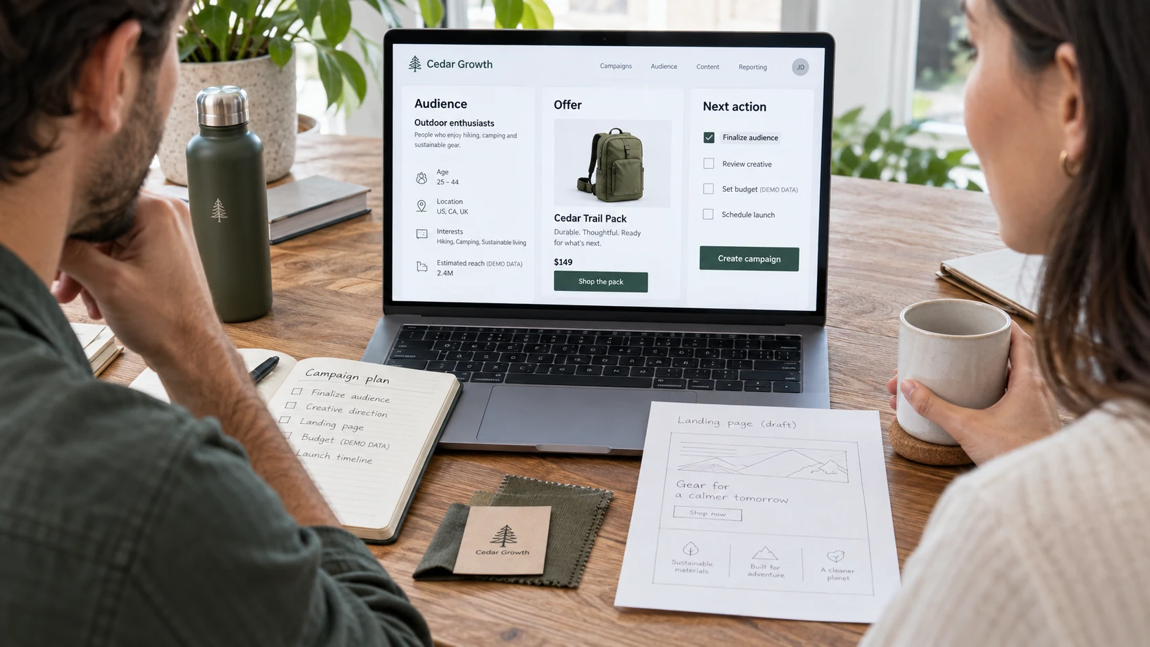 Two collaborators planning a campaign at a table, faces only partial, laptop screen dominates with fictional 'Cedar Growth' audience and offer brief