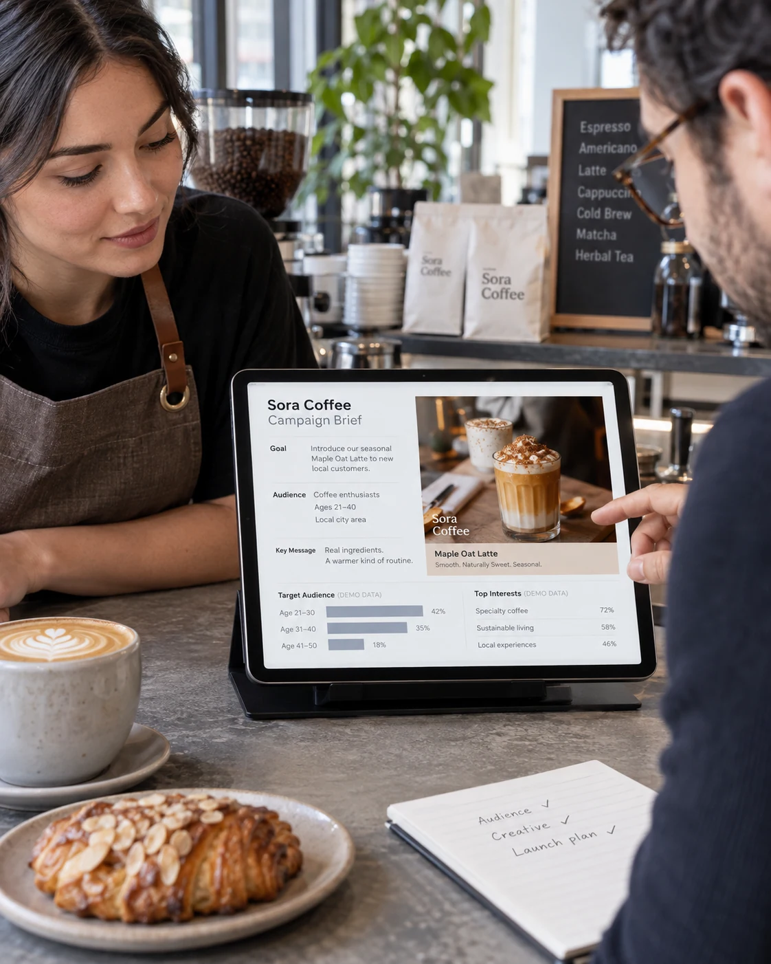 Portrait photo of a business owner and campaign designer discussing audience and product at a coffee shop counter; tablet resting on a tilted stand with 'Sora Coffee' campaign brief, customer message and beverage photograph