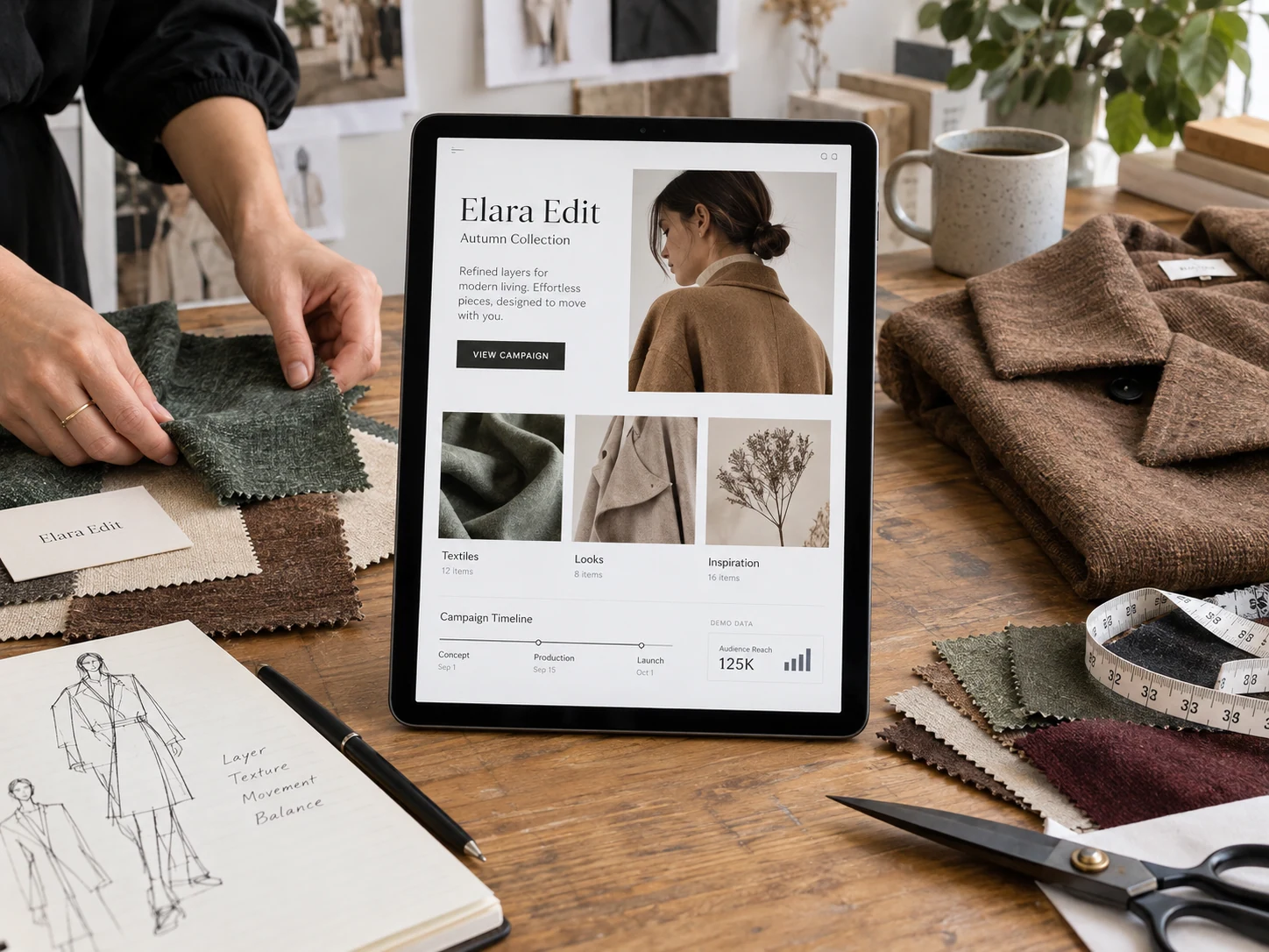 An upright tablet on a clothing designer's cutting table displays the 'Elara Edit' seasonal fashion campaign; real fabric samples, garment and sketchbook surround device, partial human hands arranging fabric, screen primary.