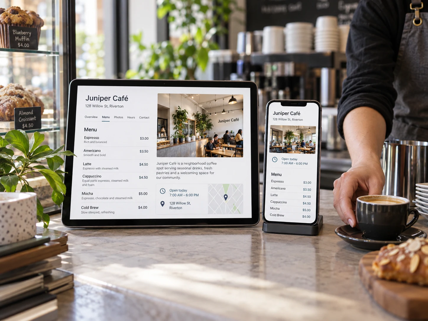 Phone on a countertop stand and a compact tablet show 'Juniper Café' local search listing and matching current menu