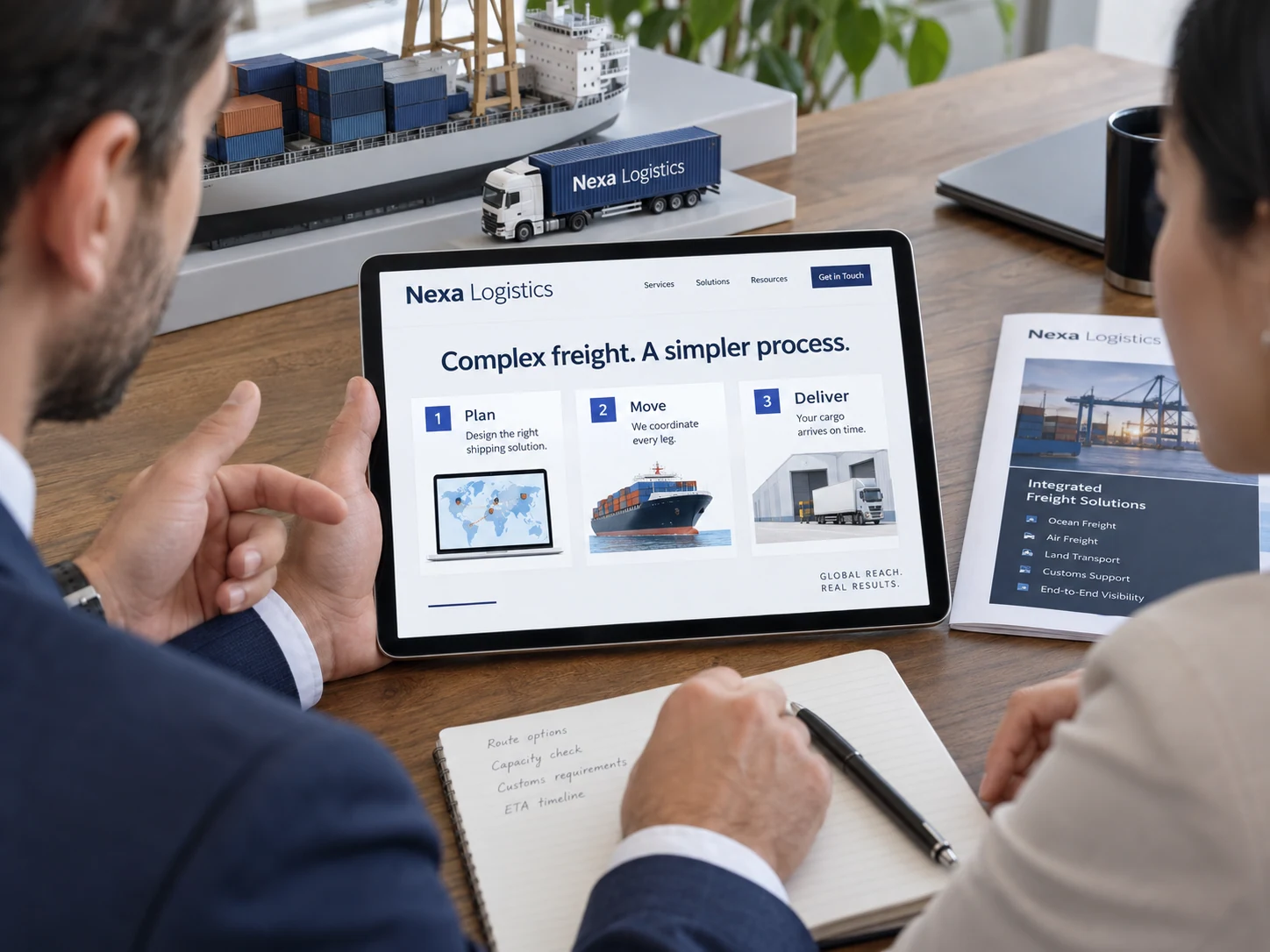 Two business collaborators, mostly shoulders and hands, review a tablet displaying 'Nexa Logistics' campaign explaining a complex freight service in three concise illustrated steps