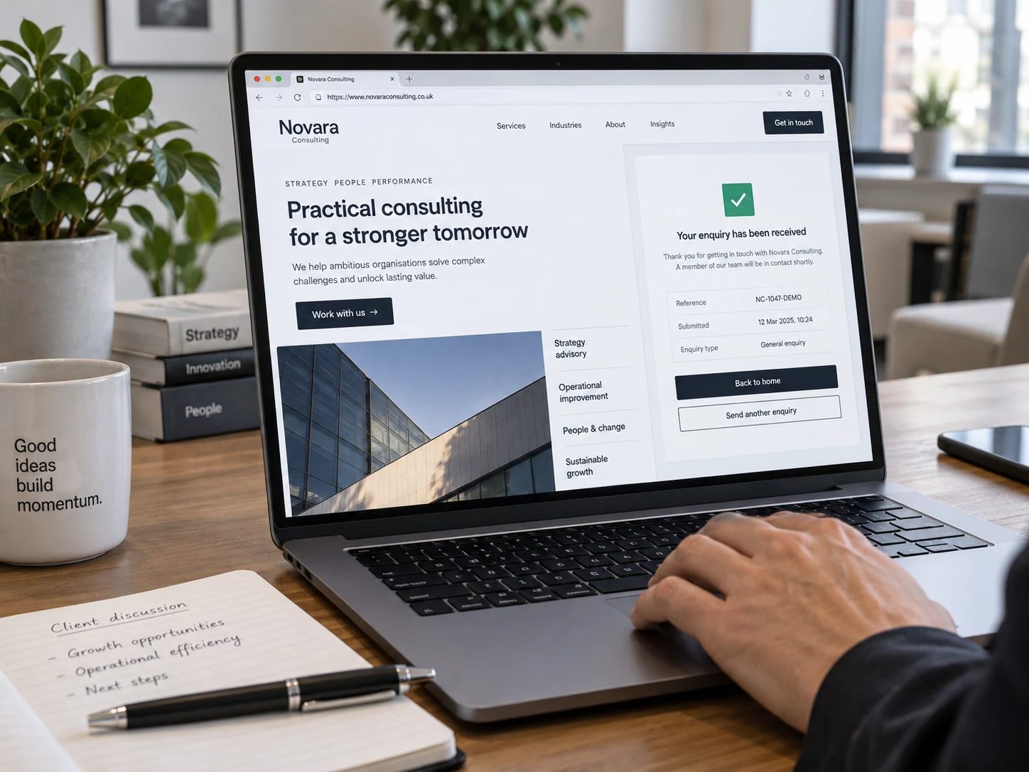 Laptop angled on a consulting desk displaying 'Novara Consulting' focused landing page and enquiry confirmation in the same browser