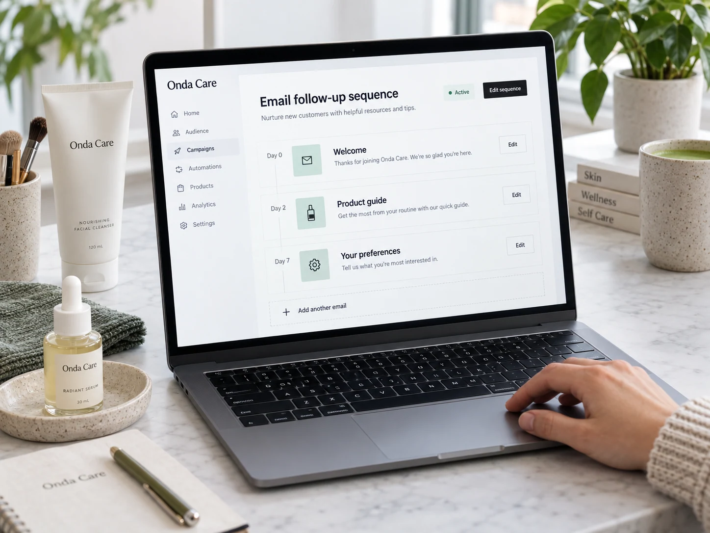 Laptop on a product studio table displaying a fictional 'Onda Care' email follow-up sequence with three brief messages and preference link, naturally visible cosmetics props, human hand on trackpad