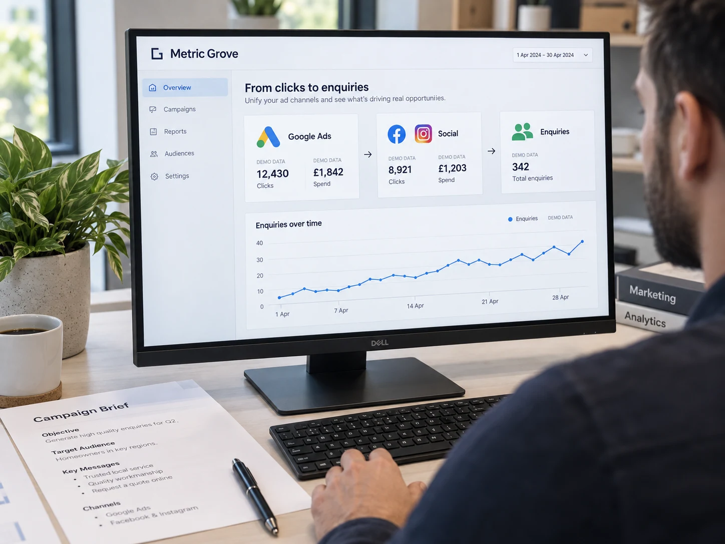 Over-shoulder close view of a campaign analyst's desktop monitor showing 'Metric Grove', Google Ads and Social source cards flowing into enquiries; one clean line chart, 'DEMO DATA' visible