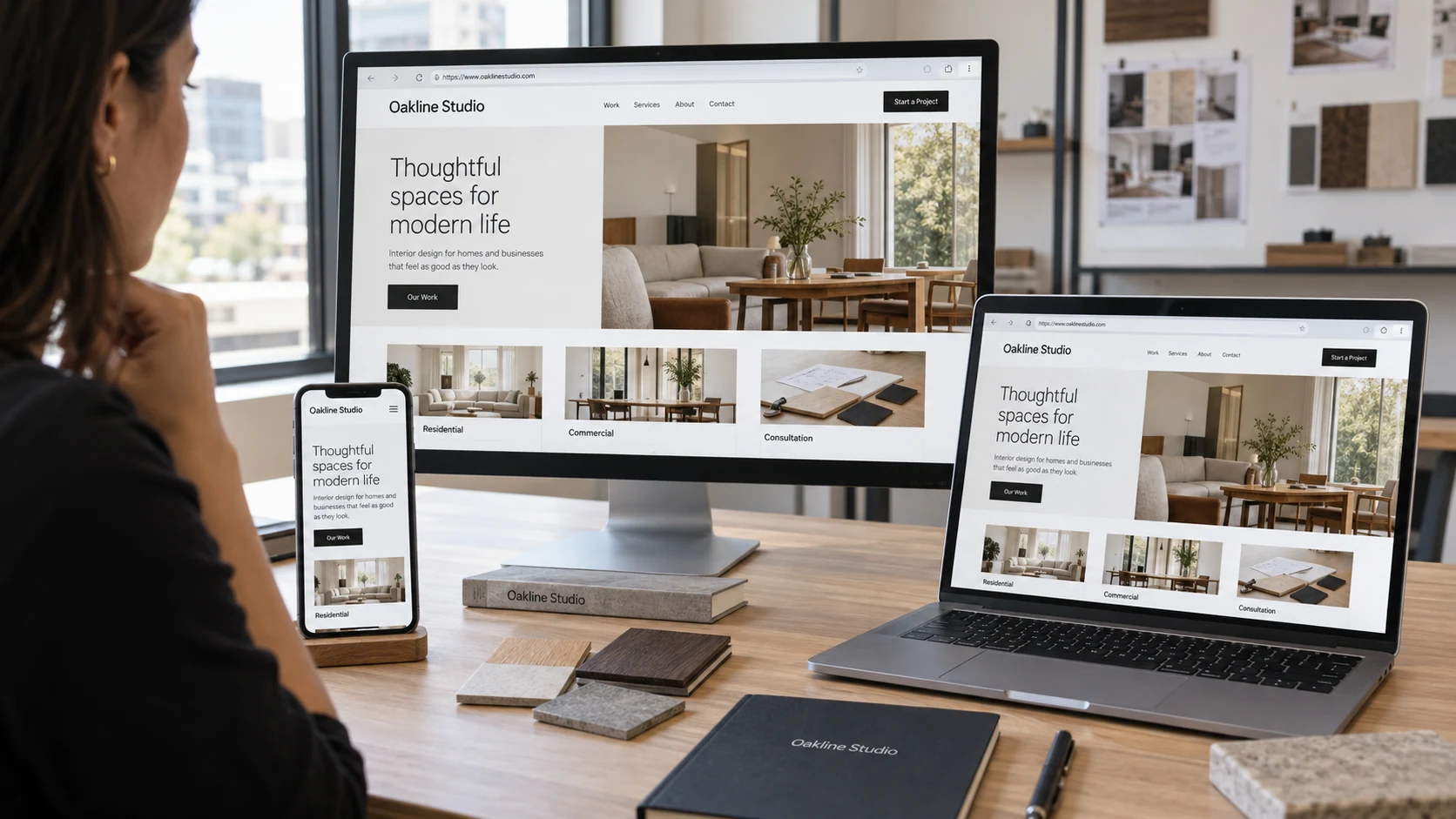 Contextual laptop, desktop and smartphone grouped on a new business desk display the same fictional 'Oakline Studio' website and its matching domain in browser, founder partially visible beside table, real brand materials and a small product