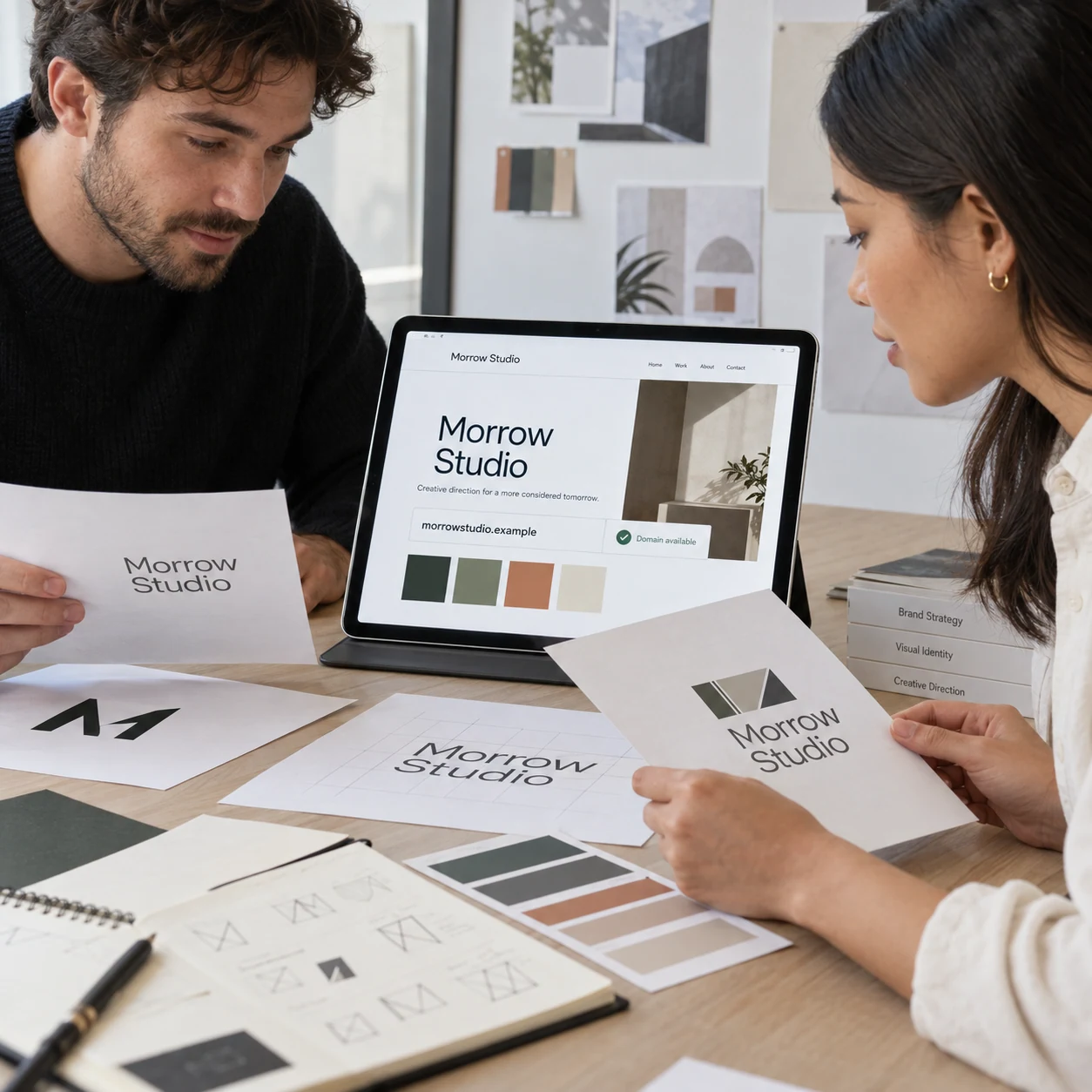 Two business founders at a creative table choosing a brand name, tablet on stand shows 'Morrow Studio' and 'morrowstudio.example' domain identity preview, printed logo sketches and color swatches nearby