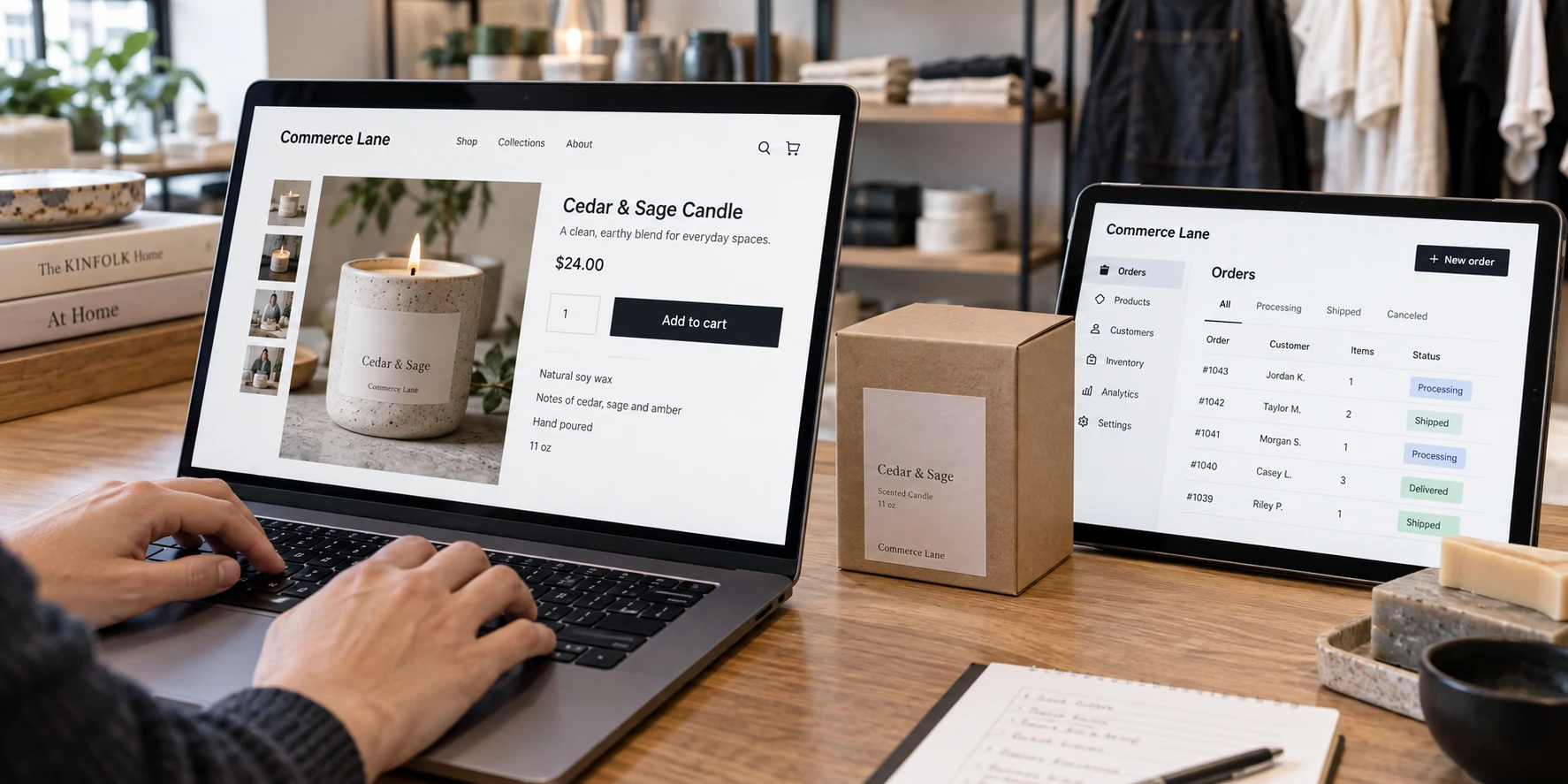 Angled laptop and small tablet on merchant counter display fictional 'Commerce Lane' storefront and its connected order administration, same product photograph on both, a product carton between devices, natural hand at keyboard.