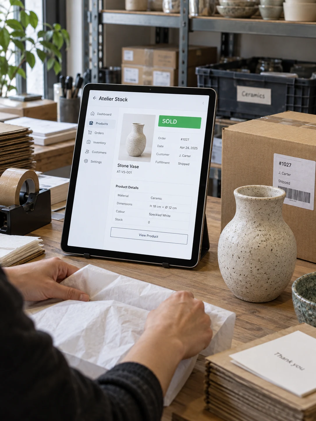 Portrait tablet propped in a stockroom showing fictional 'Atelier Stock' store backend with a ceramic vase product photo and clear green 'SOLD' label, shipping carton and the same real vase nearby