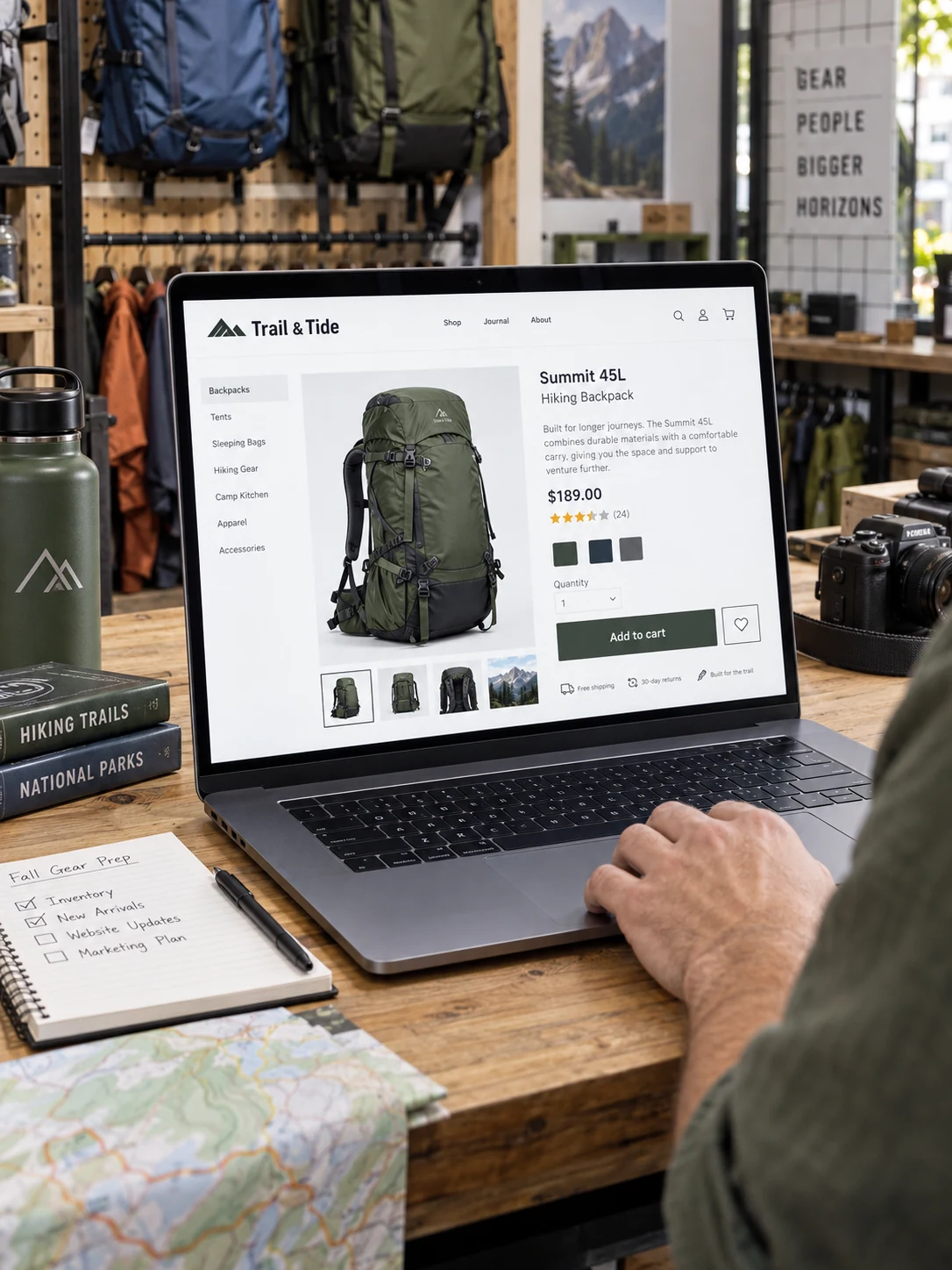A laptop open among neatly arranged outdoor merchandise, displays fictional 'Trail & Tide' online store with a large hiking backpack product and 'Add to cart'