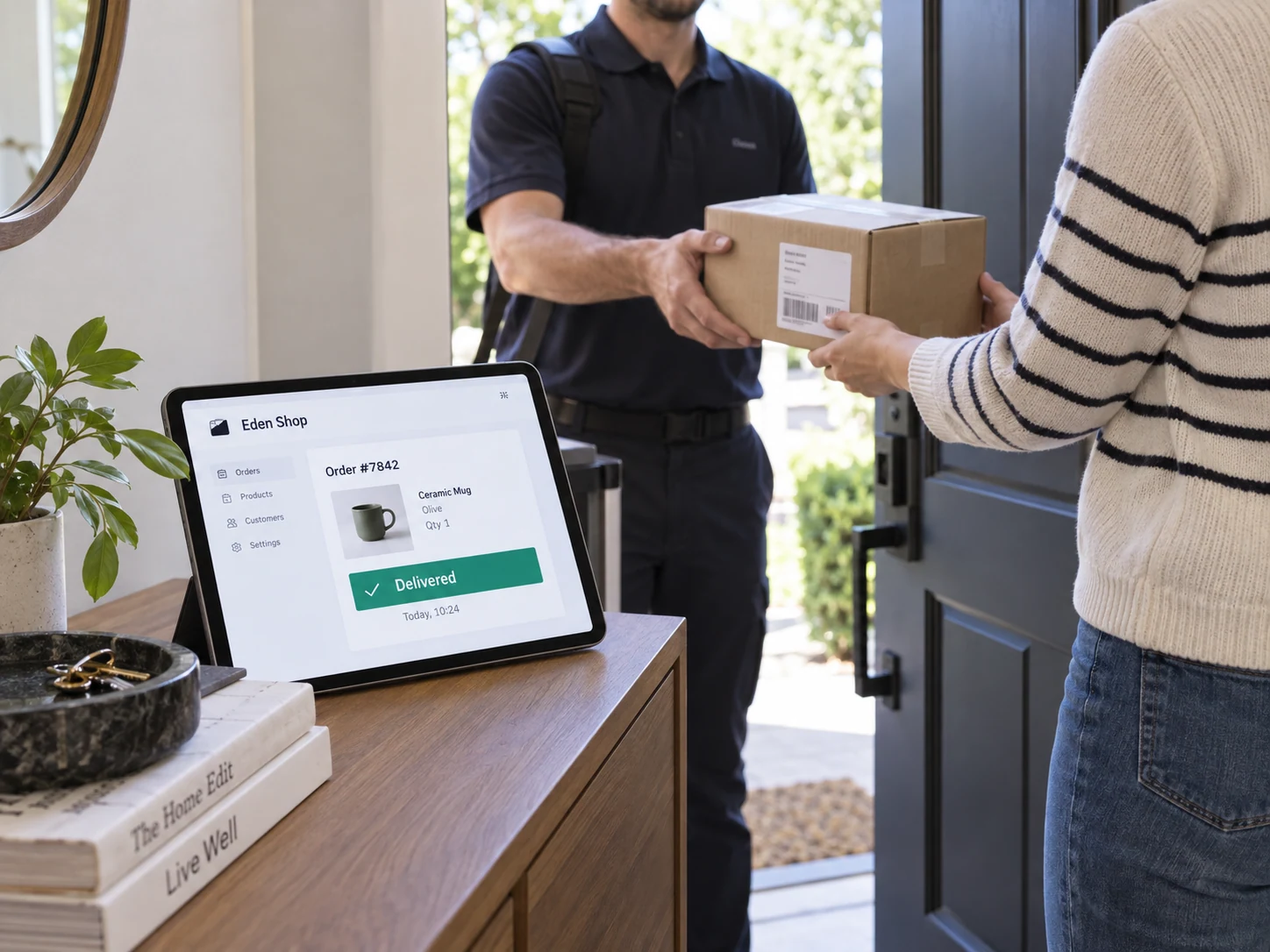 Customer at doorway receives a small parcel, tablet on entry console shows fictional 'Eden Shop' delivery confirmation and 'Delivered'
