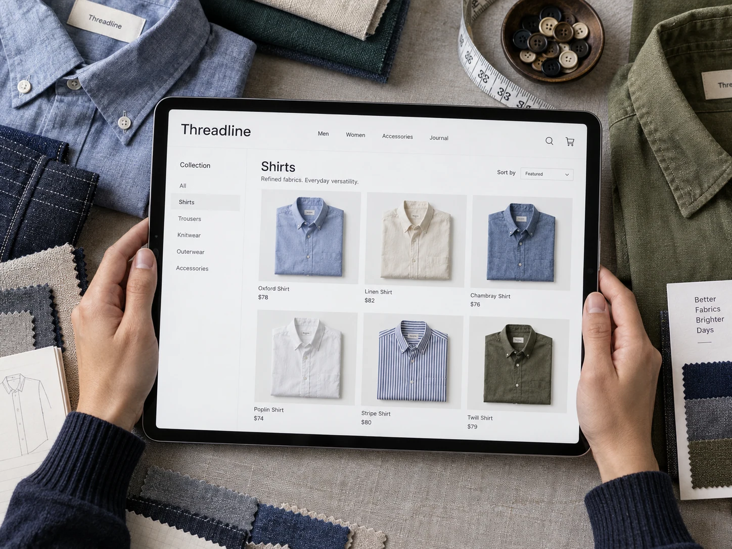 Overhead photograph of tablet on textile worktable displaying 'Threadline' store collection; real folded shirts and fabric surround tablet, fingertips at bezel only.
