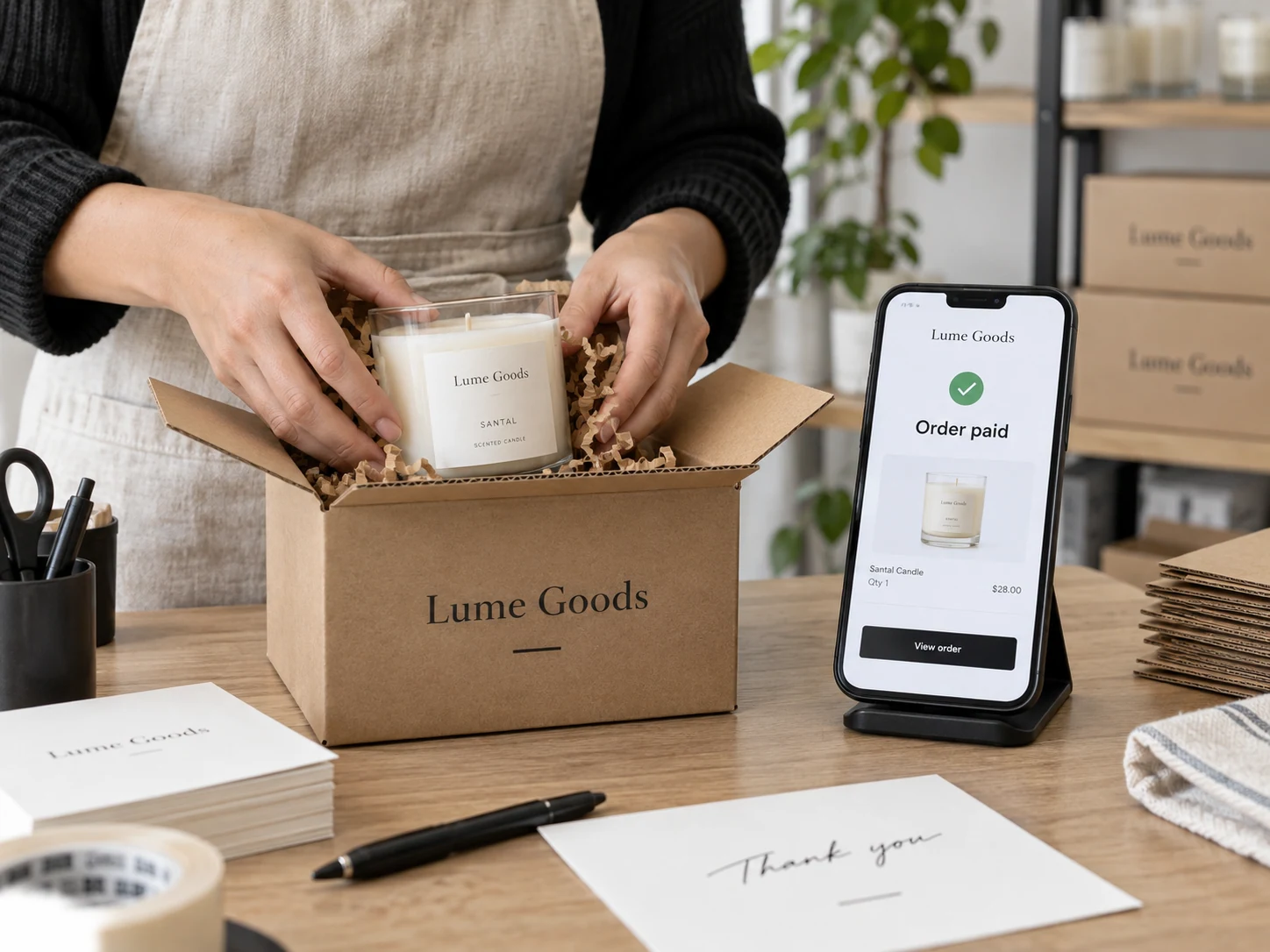 Hands packing a sold candle into a branded 'Lume Goods' parcel beside upright smartphone on stand showing 'Order paid' and candle thumbnail
