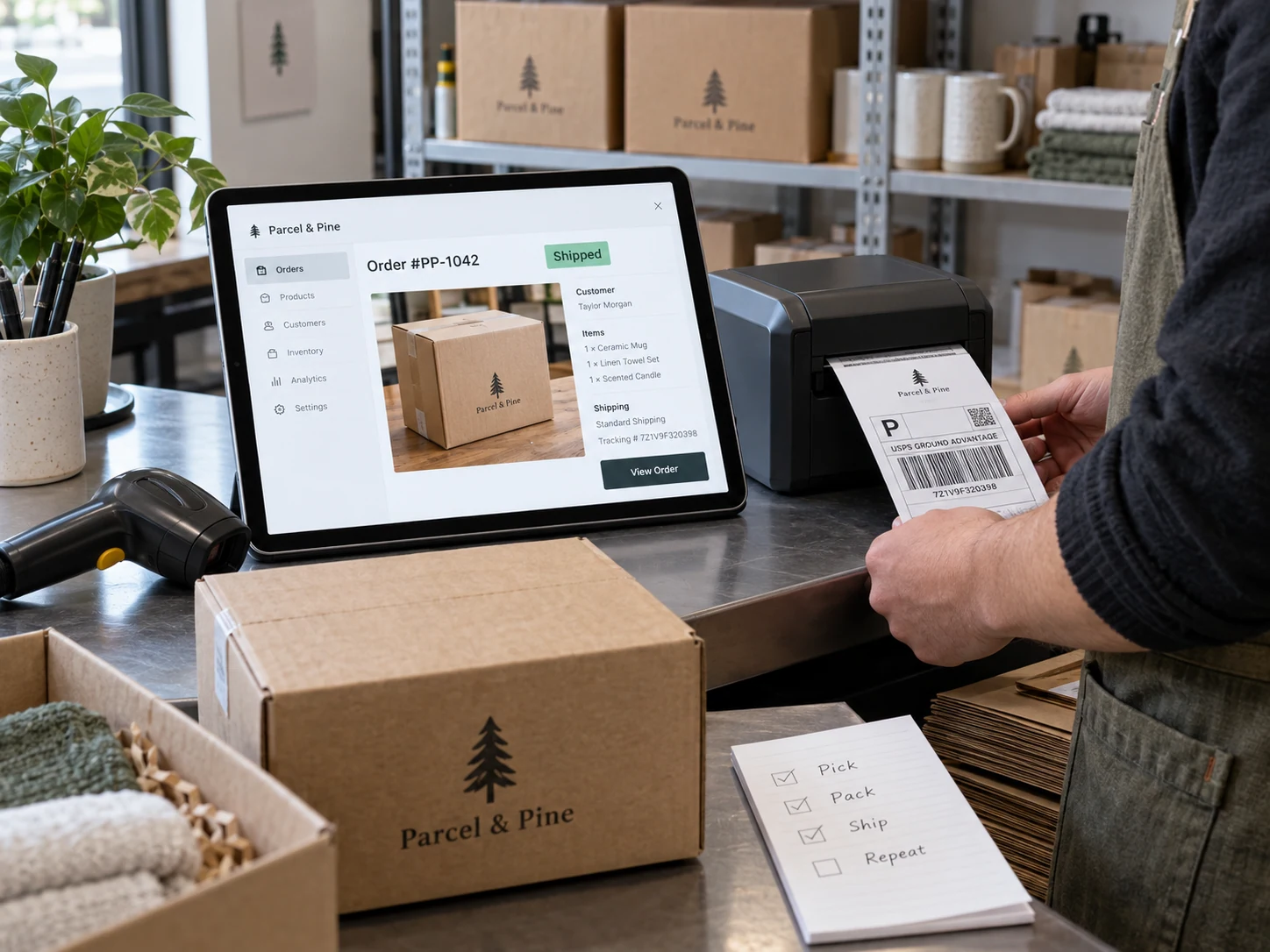 Tablet resting on dispatch counter shows fictional 'Parcel & Pine' store shipment with large parcel photo and 'Shipped', real boxes and handheld scanner nearby, worker forearm printing label.