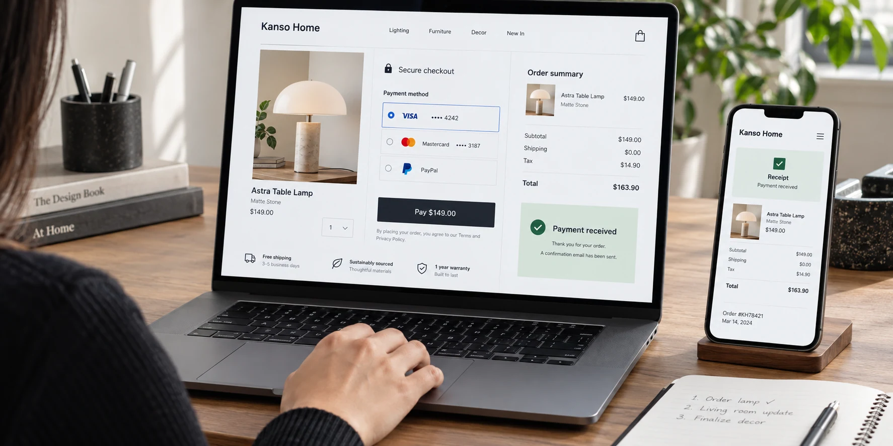 Laptop on customer desk displays fictional 'Kanso Home' secure checkout with actual lamp product photo, clear order summary, card selection and 'Payment received'