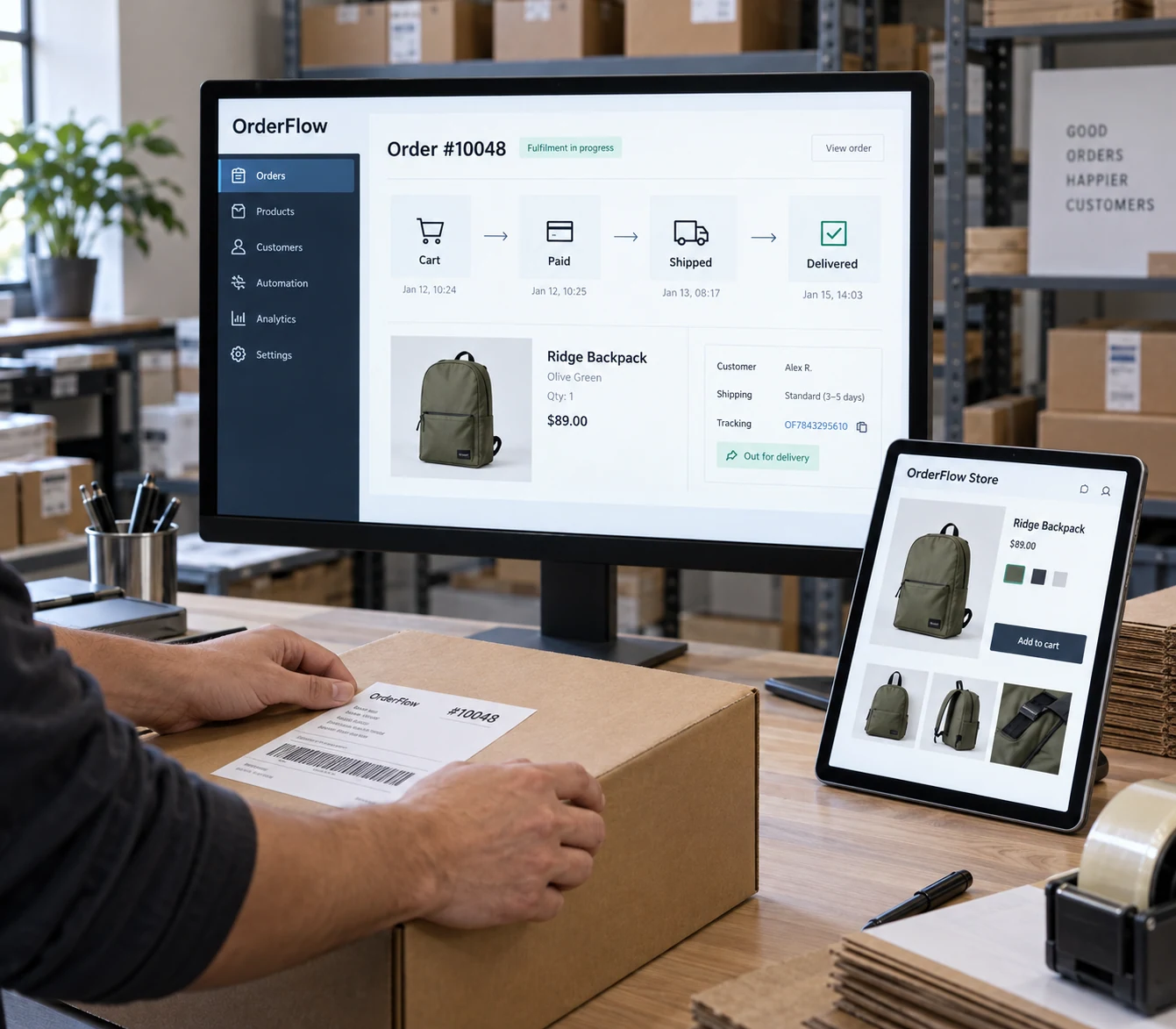 Desktop monitor on fulfilment desk displays fictional 'OrderFlow' ecommerce automation as four concise visual stages INSIDE screen: 'Cart', 'Paid', 'Shipped', 'Delivered', linked to a visible product photo