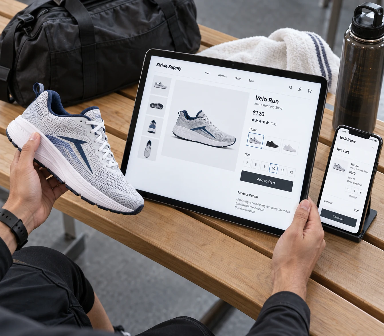 Shopper compares a real running shoe with its fictional 'Stride Supply' product page on tablet resting on a bench; phone on small stand shows the shoe in cart