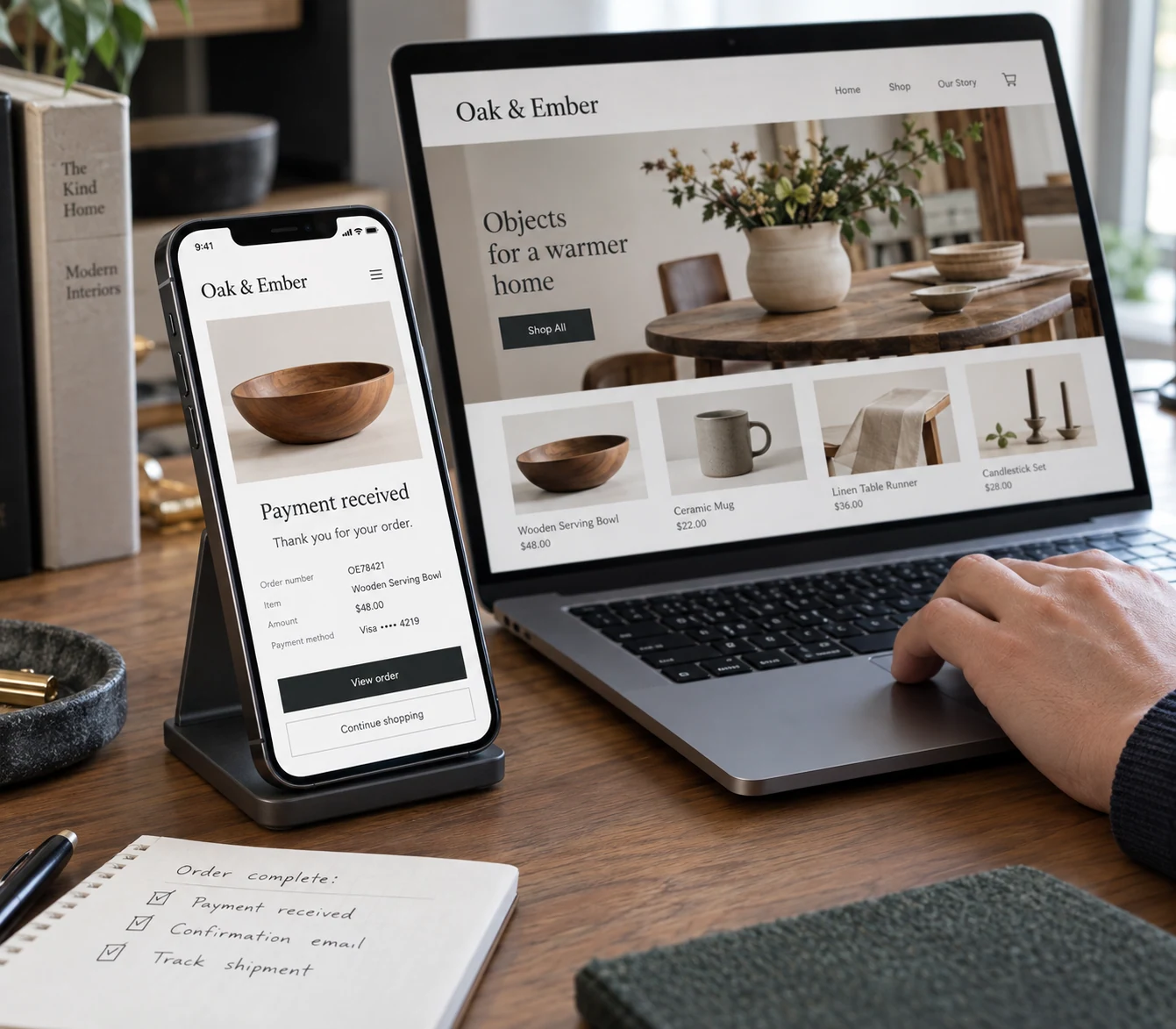 Close view of phone on angled desk stand displaying 'Oak & Ember' checkout confirmation with clear product photo, 'Payment received'; an open laptop behind shows matching store, natural customer hand beside keyboard.
