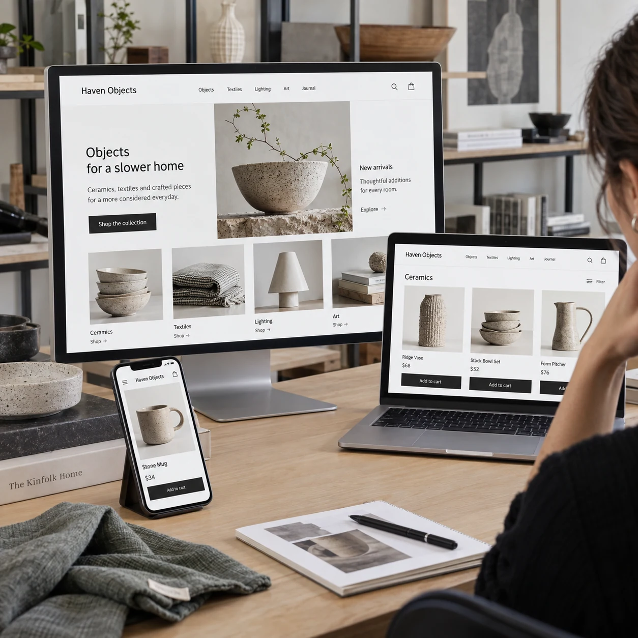Large desktop, laptop and phone in a homeware studio display coherent fictional 'Haven Objects' ecommerce collection, real ceramic objects and folded textile frame the devices, designer partial shoulder secondary