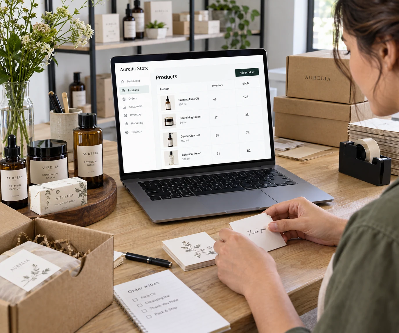 Open laptop among handmade skincare merchandise displays fictional 'Aurelia Store' backend: matching product photo, inventory count and 'SOLD'