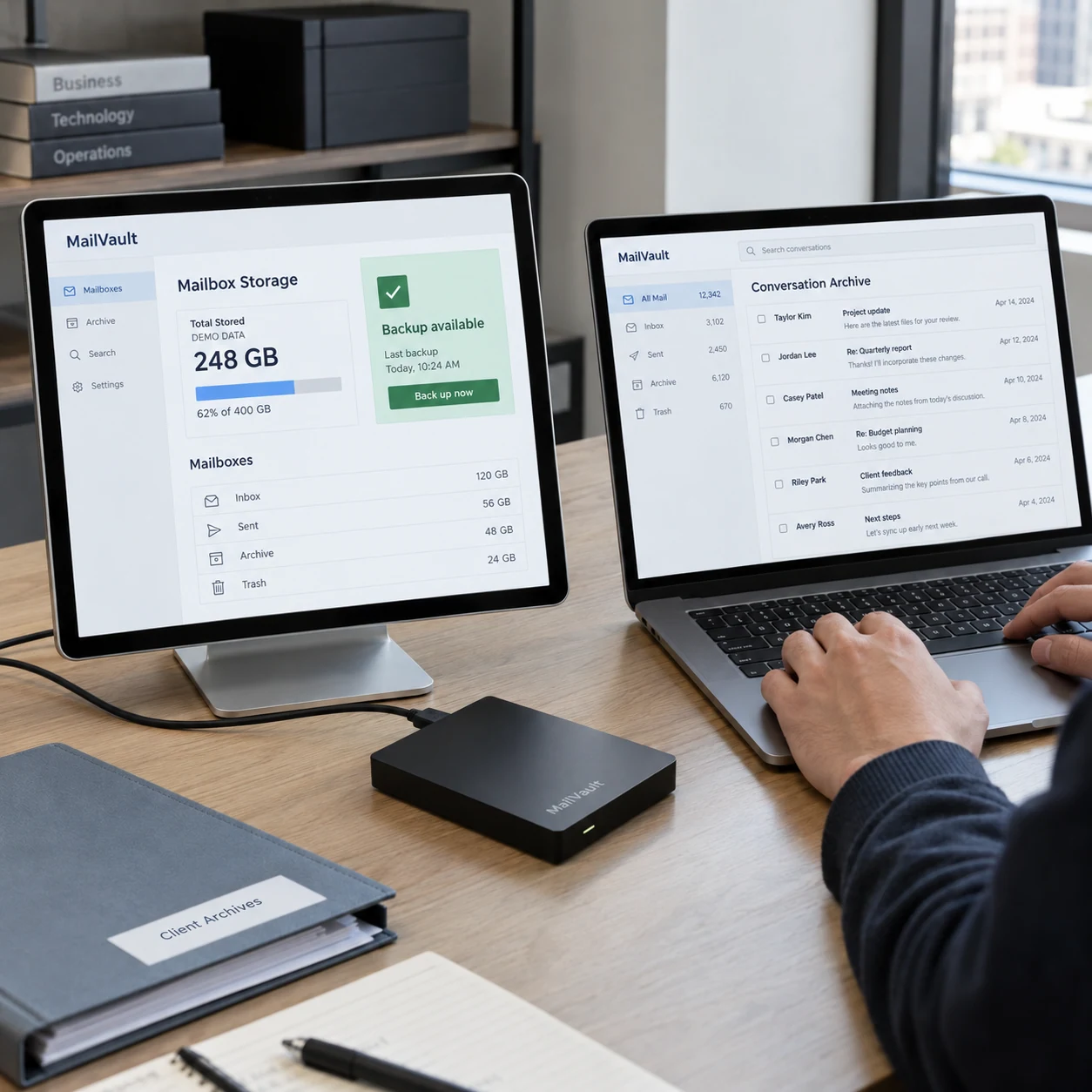 Tablet on desk stand shows fictional 'MailVault' mailbox storage and 'Backup available', laptop beside displays relevant conversation archive