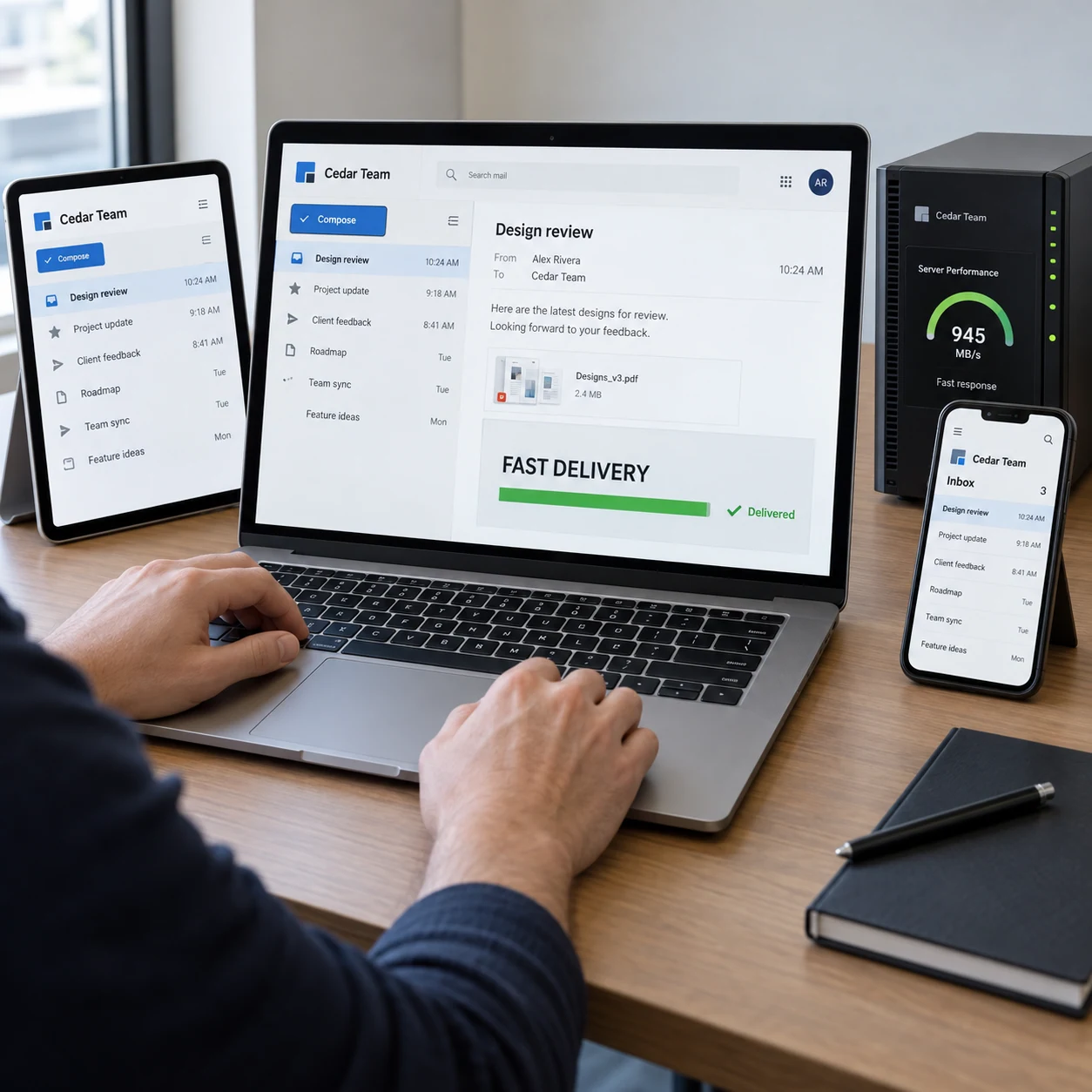 Laptop, tablet and phone grouped closely with a compact mail server on a real office workstation show synchronized fictional Cedar Team email with subject 'Design review'