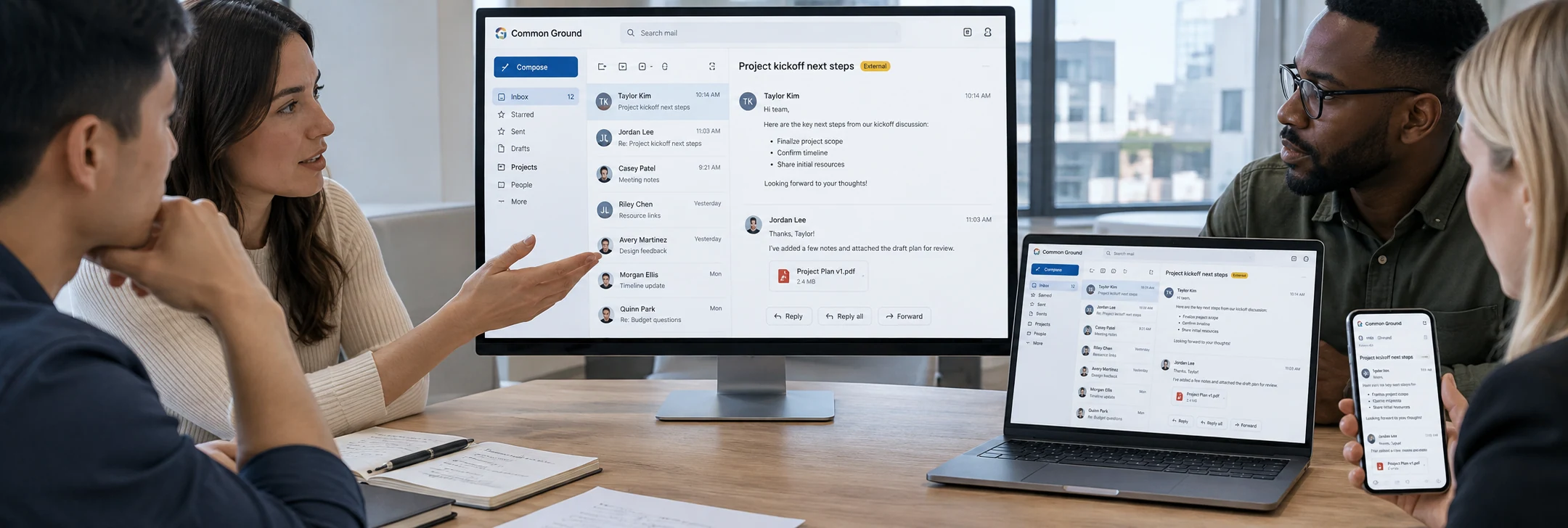 Wide calm team meeting table with desktop, laptop and phone showing the same fictional 'Common Ground' business email conversation