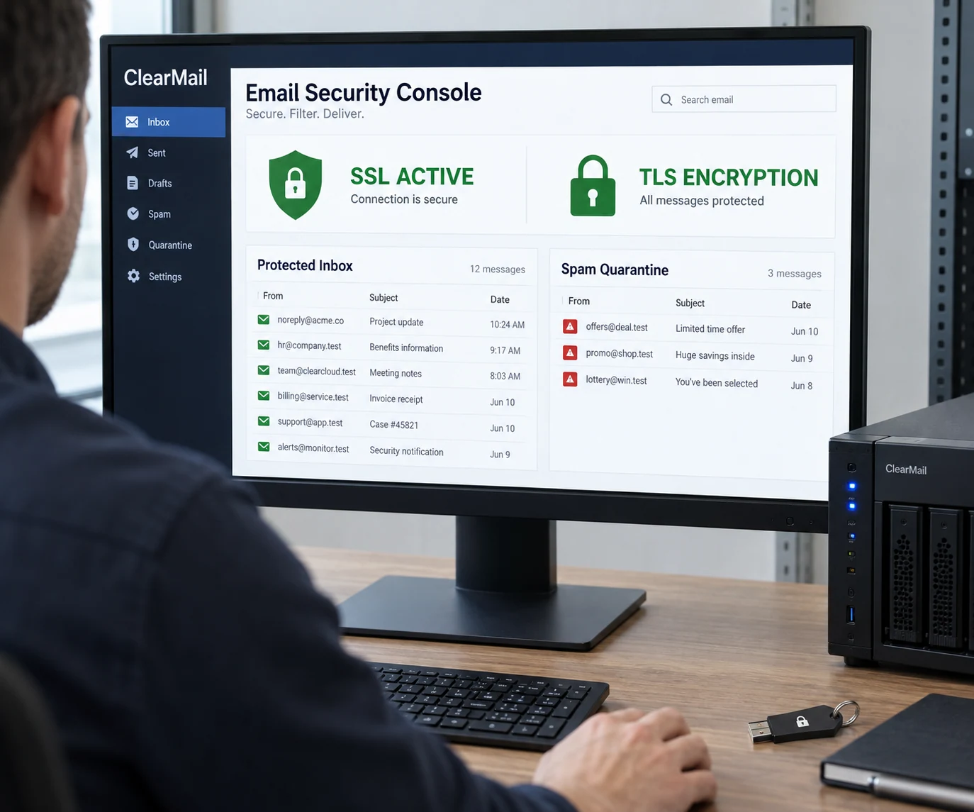 Close desktop monitor showing fictional ClearMail email security console