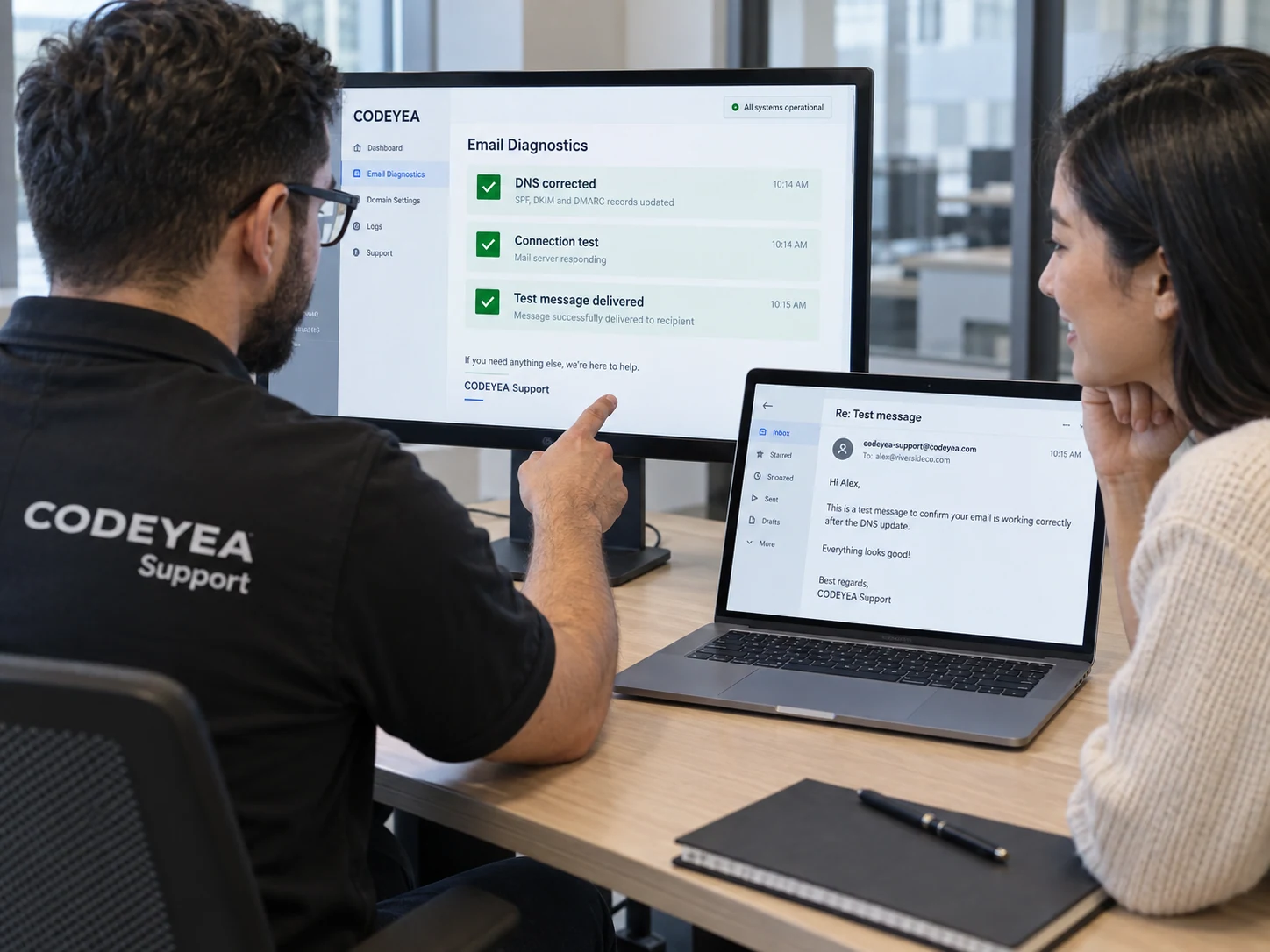 Email support technician at monitor showing delivery diagnostics, clear 'DNS corrected', 'Test message delivered', small CODEYEA support signature inside screen